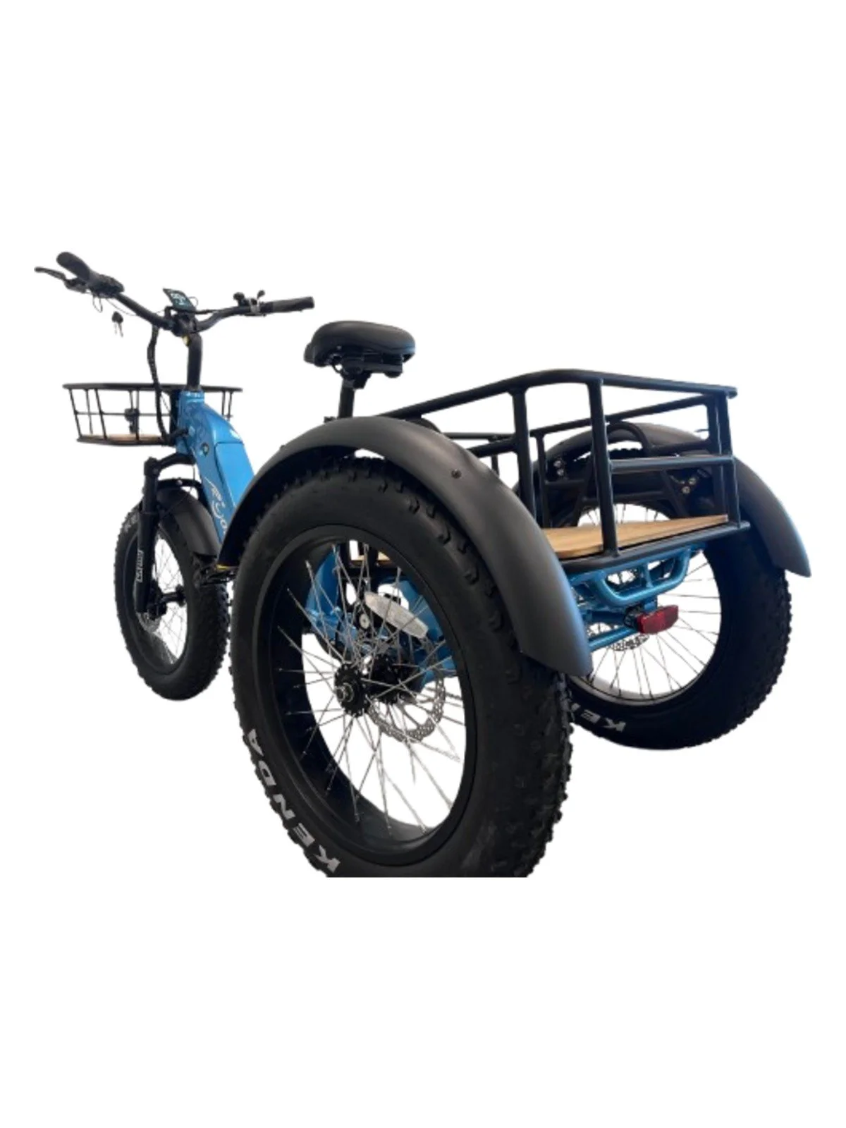 Ryder Drover electric trike in blue with front and rear crates