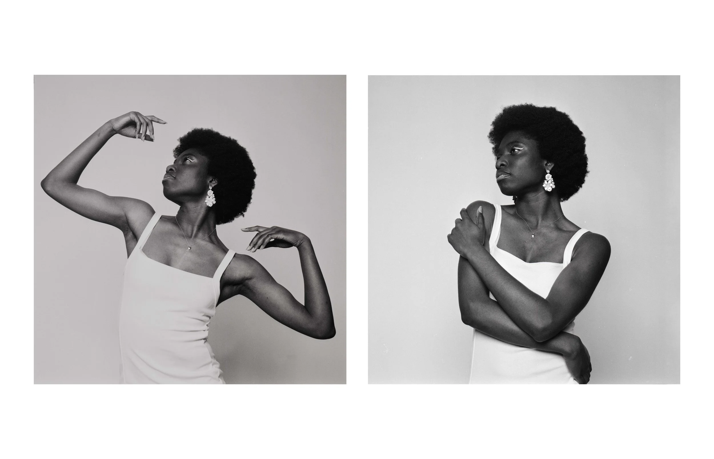 Two black-and-white photos of a Black woman with natural hair in a sleeveless dress, wearing earrings and a necklace. In the left photo, she strikes a pose with one arm raised above her head and the other bent with her hand near her chest, looking up