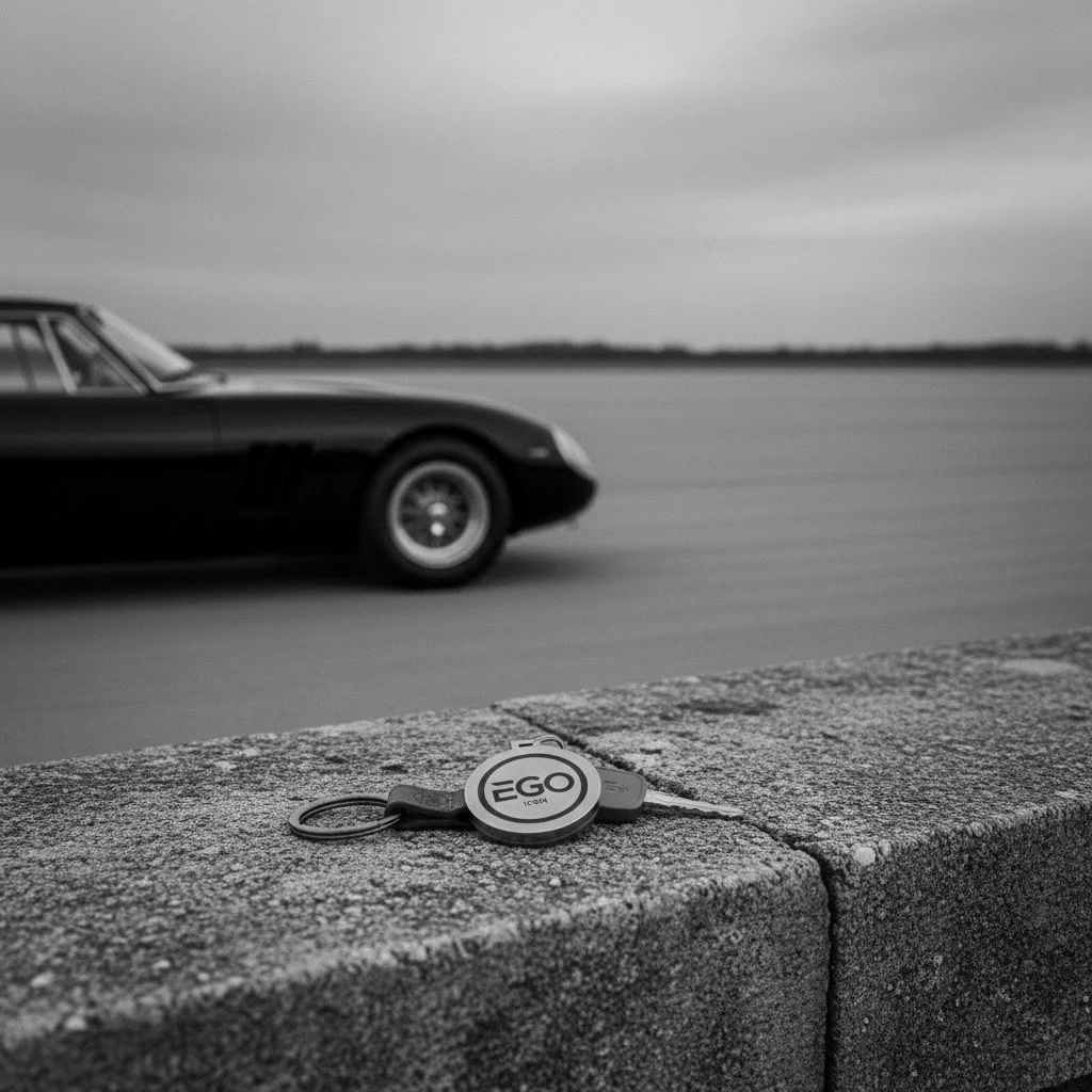 Un portachiavi con la scritta 'EGO' posato su un muretto di cemento, con una macchina d'epoca in lontananza su una strada deserta sotto un cielo nuvoloso.