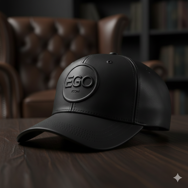 Cappello nero con logo 'EGO' sulla superficie, appoggiato su un tavolo di legno in un ambiente con librerie e poltrone in pelle.
