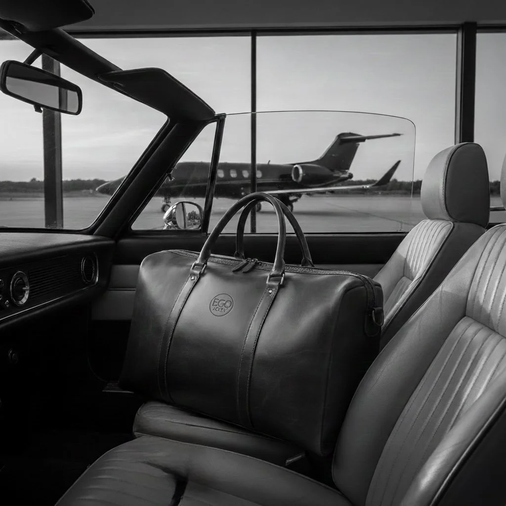 Interno di un'auto con valigia di pelle sui sedili e vista di un aereo privato fuori dal finestrino.