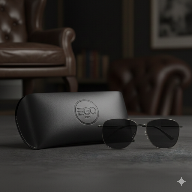 Occhiali da sole neri con custodia rigida nera e logo 'EGO' posizionati su un tavolo in un ambiente interno elegante con poltrone in pelle e scaffali pieni di libri sullo sfondo.