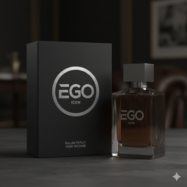 Bottiglia di profumo EGO ICON Noir Intense accanto a una scatola nera su un tavolo, con sfondo sfocato di un interno elegante.