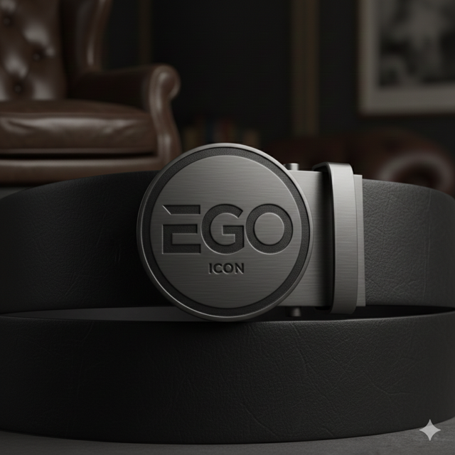 Fazzoletto con logo "EGO ICON" appoggiato su una superficie nera, sfondo sfocato con mobili in pelle.