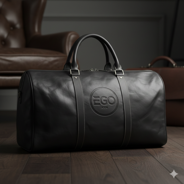 Valigia nera in pelle con logo 'EGO ICON' posizionata sul pavimento, in un ambiente elegante.