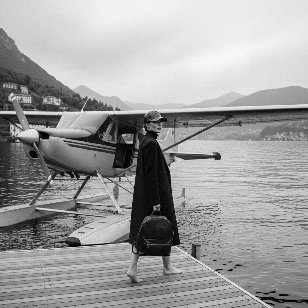 Una donna con cappello e cappotto nero tiene uno zaino e si trova su un molo accanto a un aereo idrovolante sul lago, con le montagne sullo sfondo.