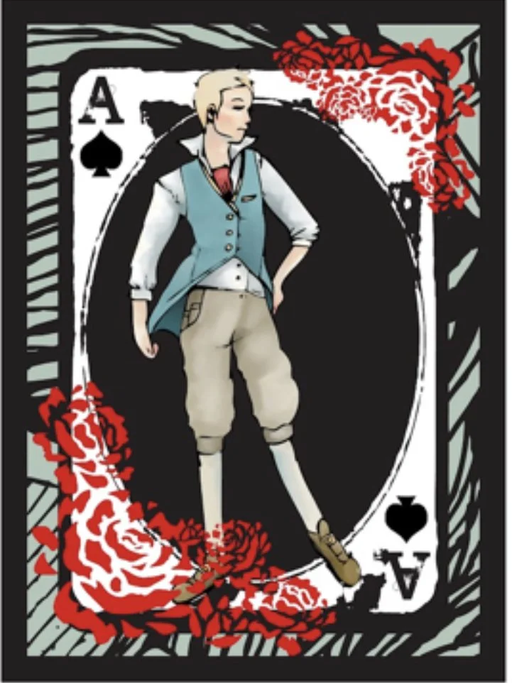 An artistic illustration of a young woman with short blonde hair standing inside a large playing card, the Ace of Spades. She is wearing a light blue vest, beige pants, white socks, and brown shoes, with one hand in her pocket. The card is decorated with red roses and black and white striped border.