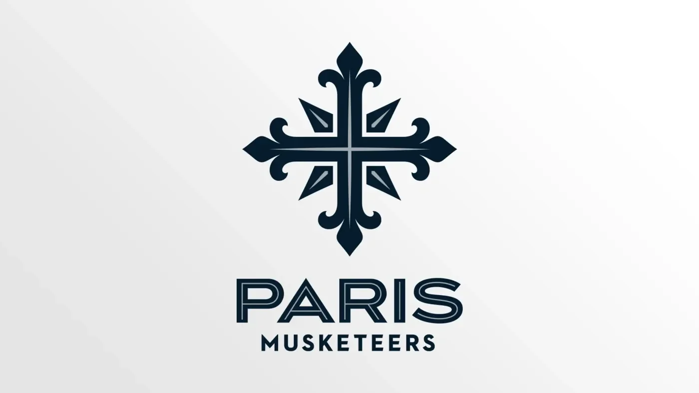 Ein Logo mit einer stilisierten Blume und der Aufschrift 'Paris Musketeers' in dunkler Schrift auf hellem Hintergrund.