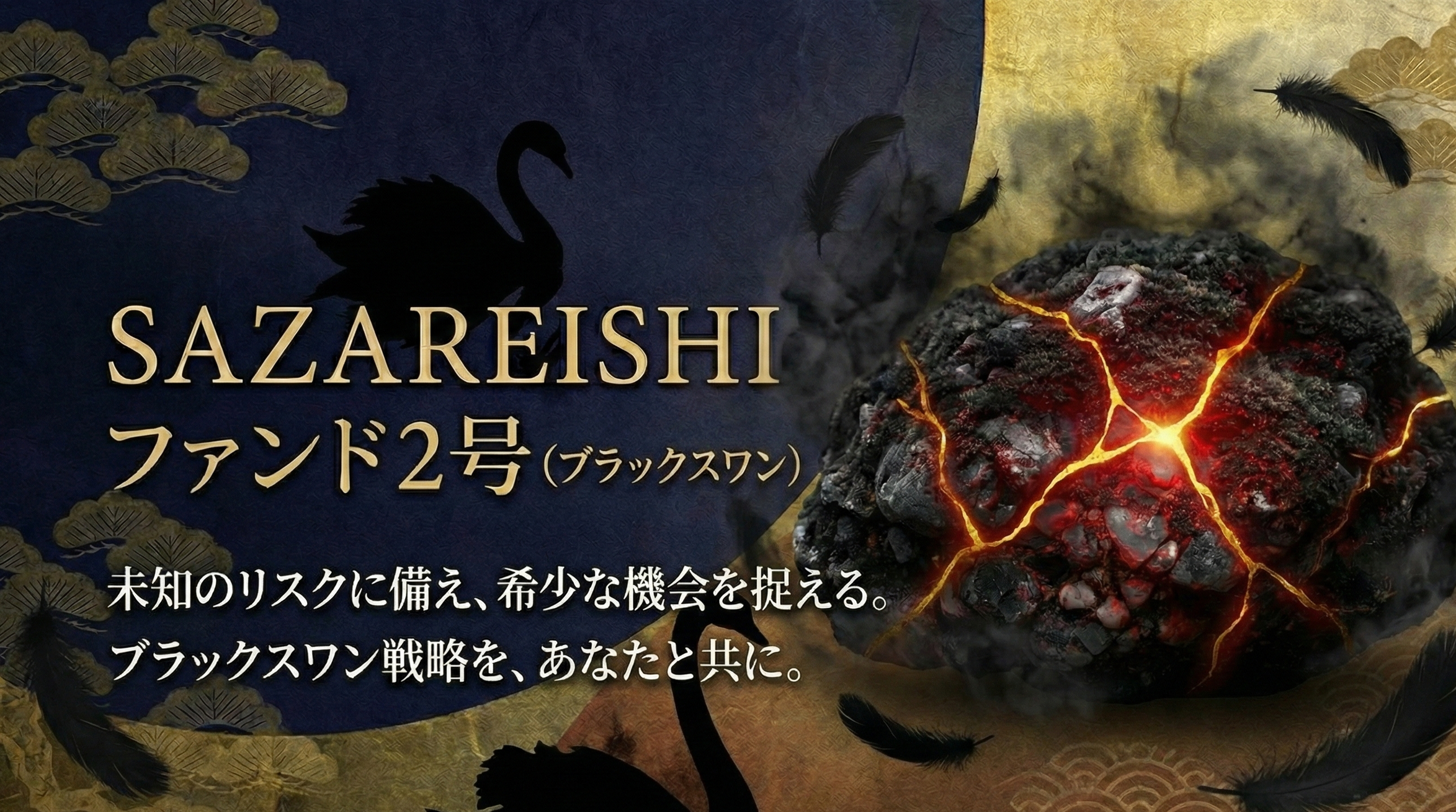 燃えた黒い球体に赤い亀裂と光が走る様子と、左側に黒鳥のシルエットと金色の装飾があり、背景は青と金の模様。