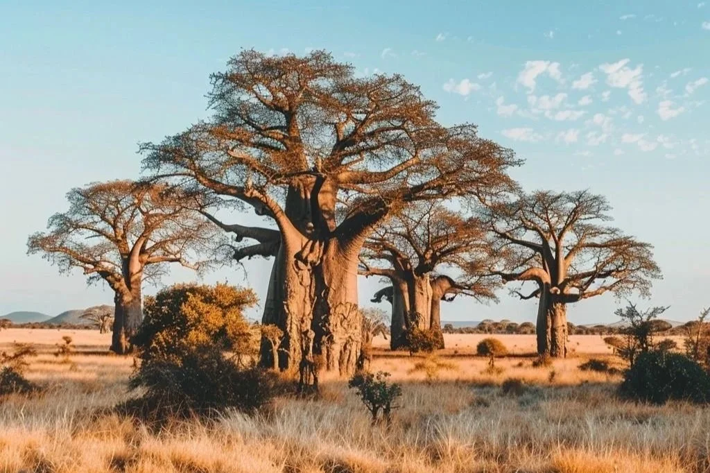 Baobab trees in a savannah landscape during sunset or sunrise.