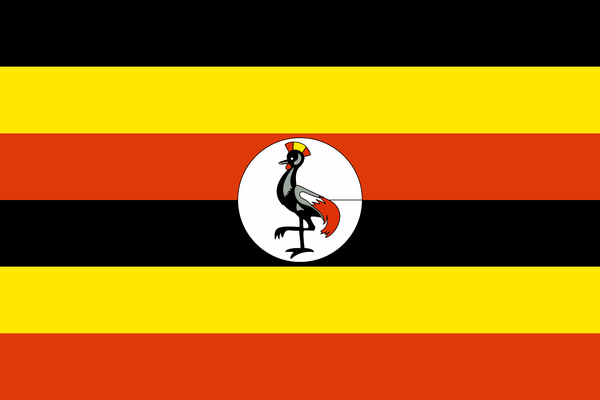 Ugandan flag with black, yellow, red horizontal stripes and a white circle in the center featuring a Grey Crowned Crane