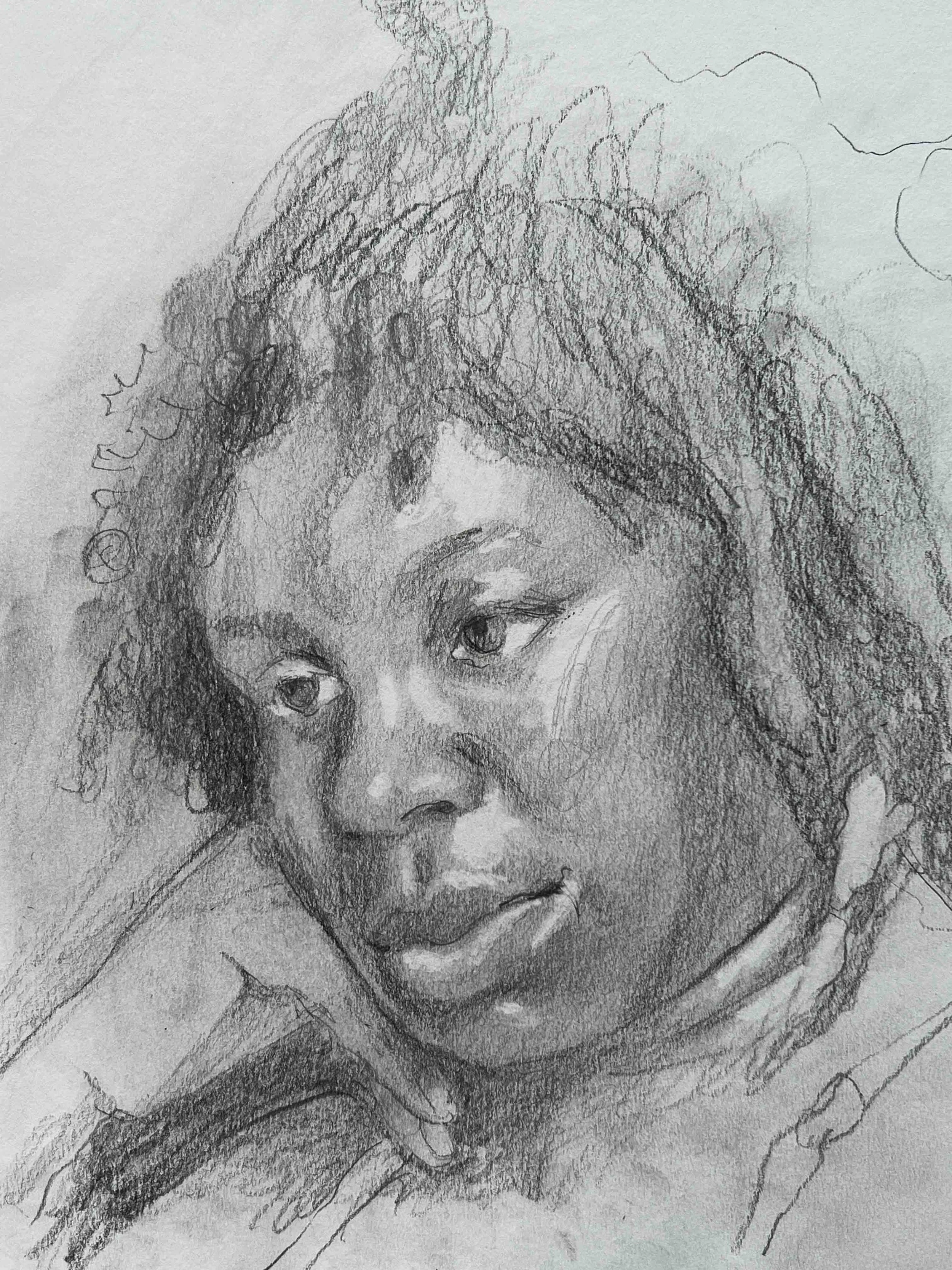 A detailed pencil sketch of a young girl with curly hair, resting her chin on her hand, with a thoughtful expression.