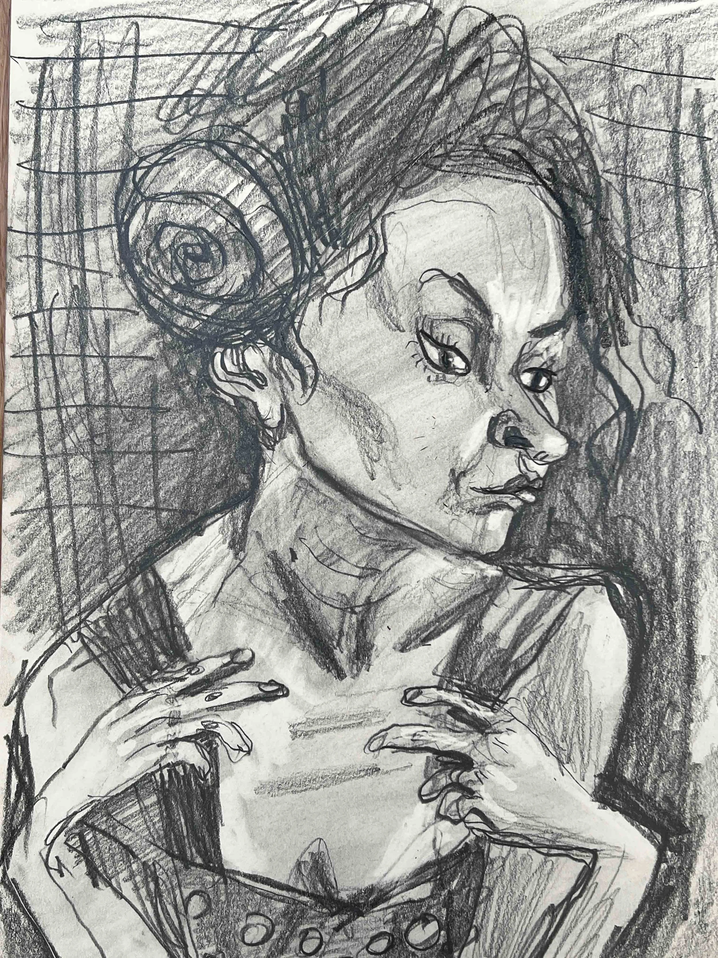 A black and white sketch of a woman with wavy hair, looking to the side, with hands resting on her chest.