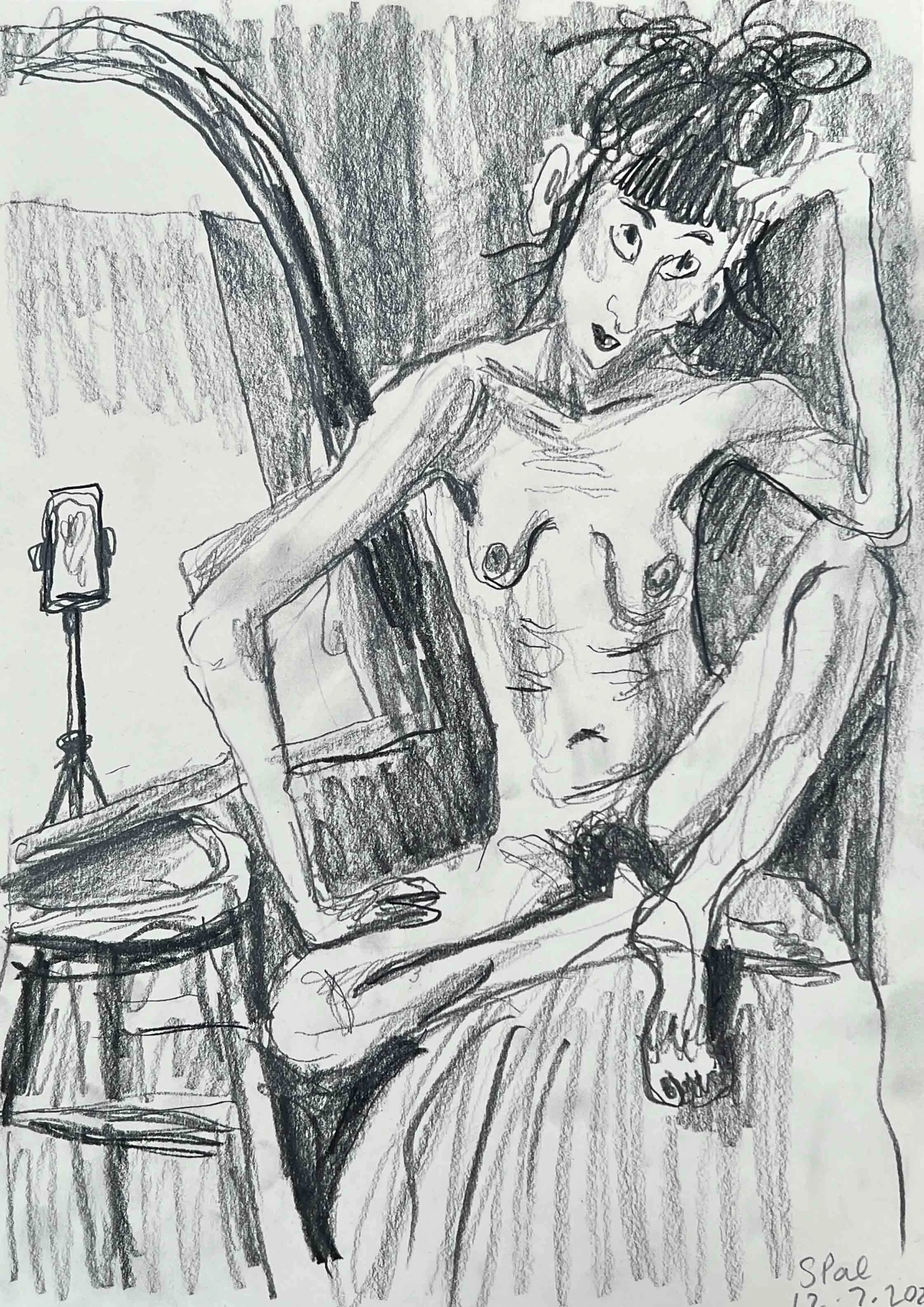 A sketch of a woman with her hair in a bun, sitting on a couch, topless with tattoos. She is holding a phone in her left hand and has her right arm resting on the back of the couch. There is a small table with a plate and a mirror on a stand nearby. The drawing is done in black and white with expressive lines.