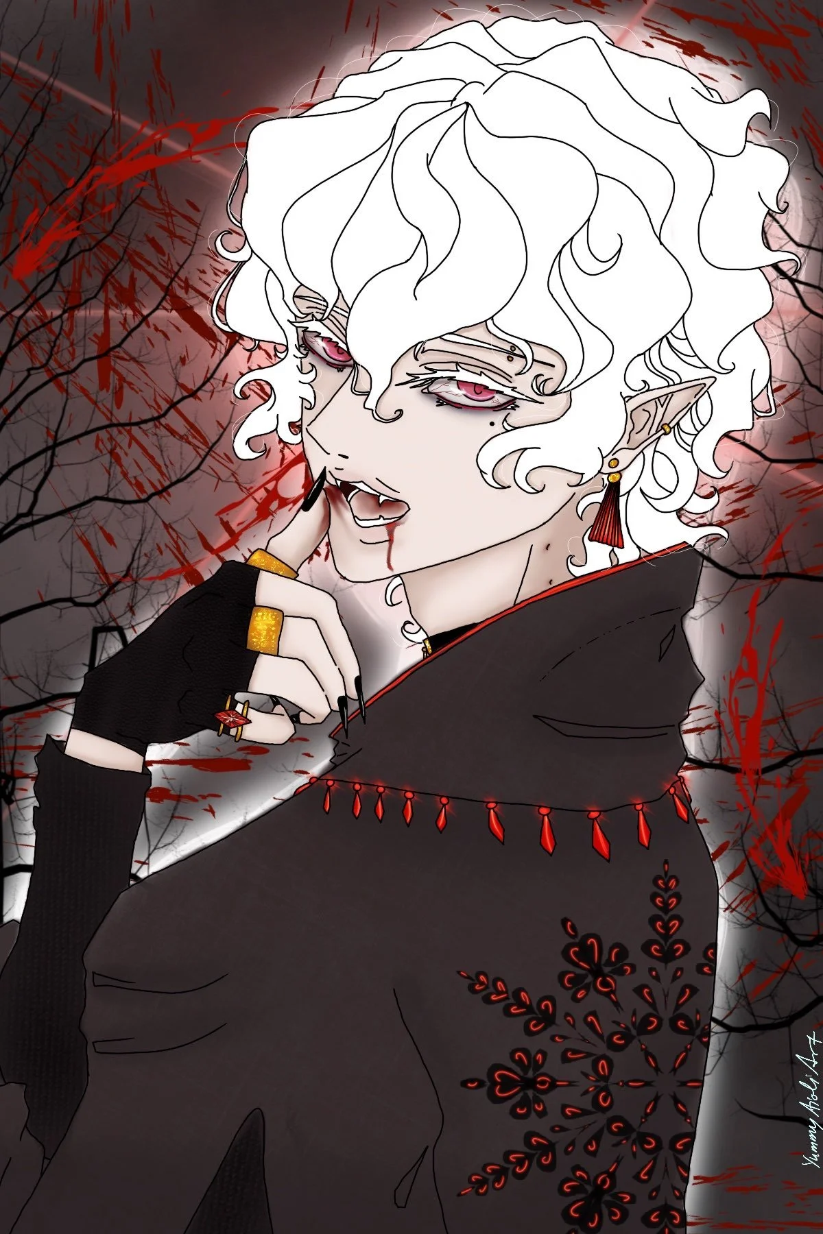 An anime-style drawing of a vampire with white curly hair, pointed elf-like ears, and red glowing eyes. The vampire is biting their finger with blood dripping from their mouth, set against a dark background with red splatters and barren trees.