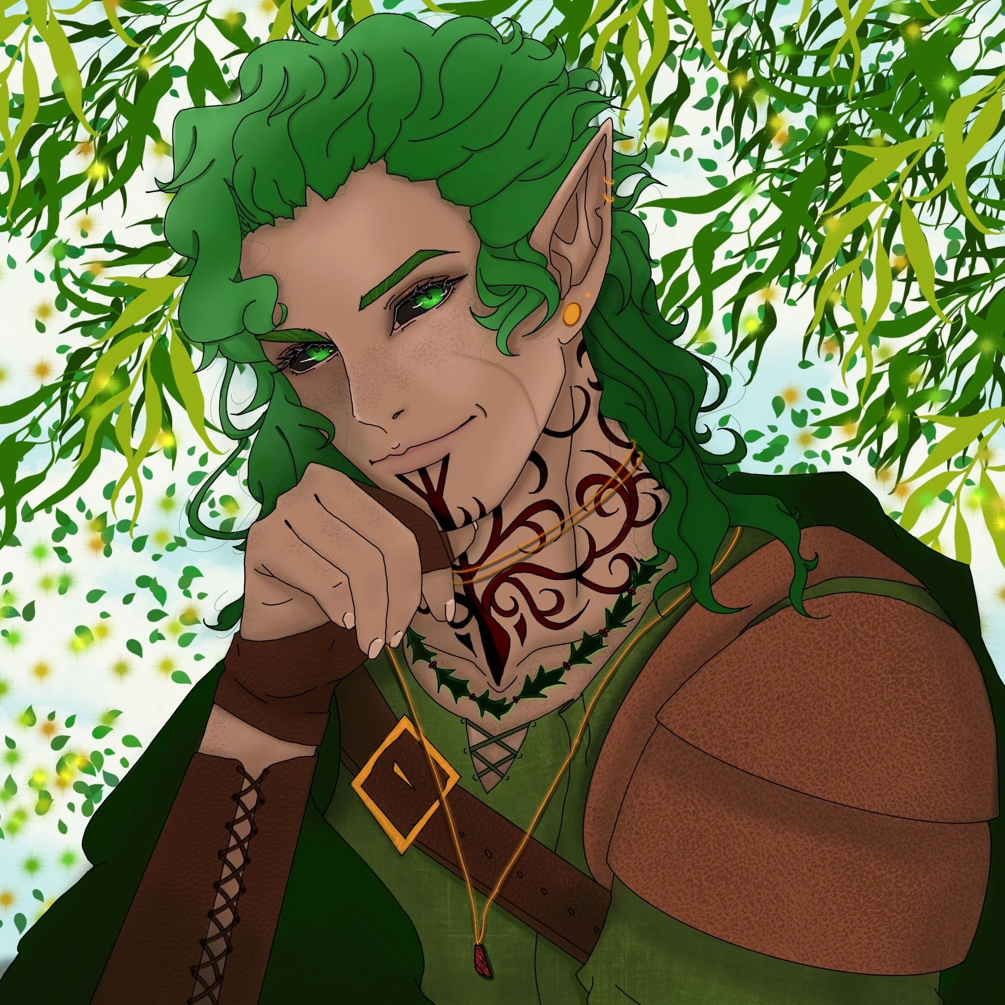 An elf with green hair and pointed ears, wearing jewelry and a green outfit, surrounded by lush green foliage and glowing lights.