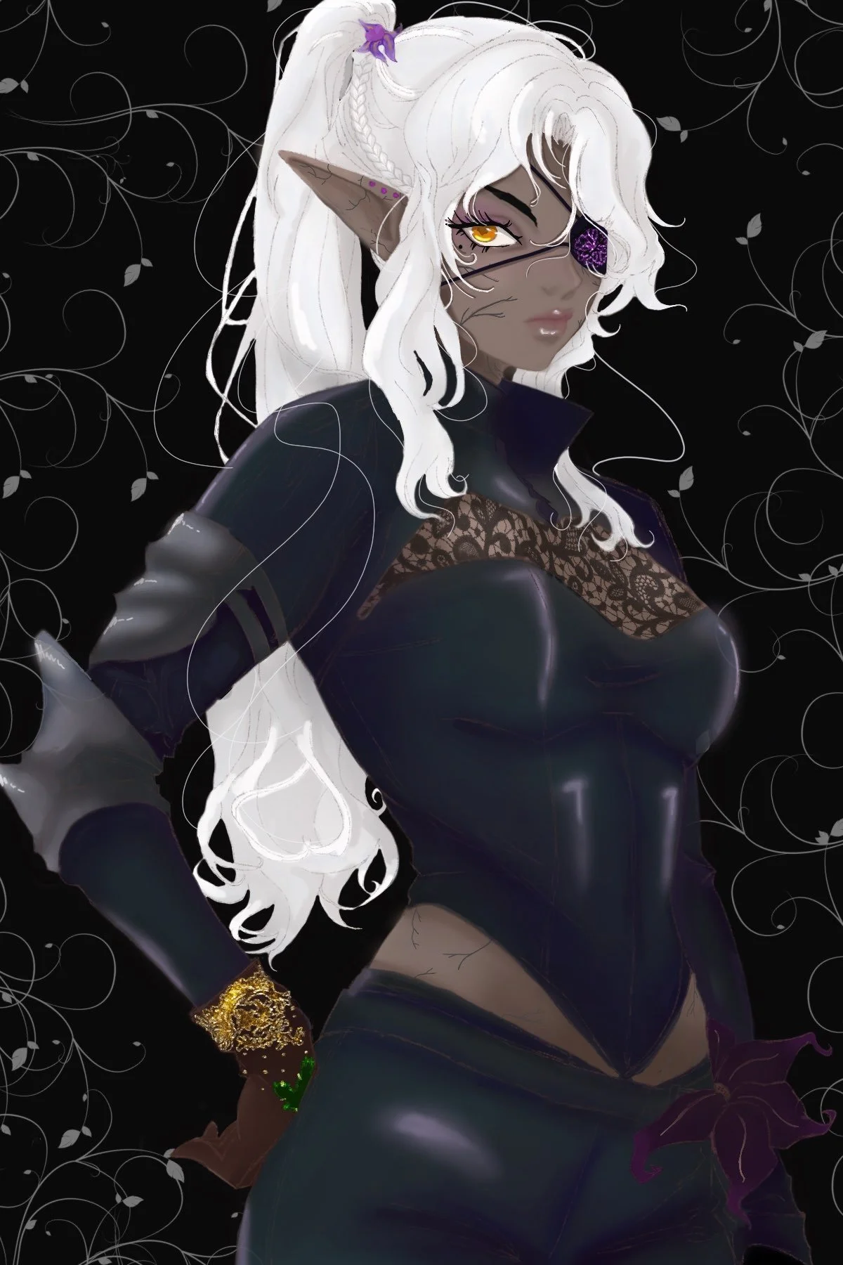 A fantasy digital illustration of a dark-skinned elf woman with long, white, wavy hair featuring braids, dressed in a tight black leather bodysuit with lace detailing and purple accents, wearing gold and green jewelry on her right wrist and a large purple gemstone eye patch, set against a black background with swirling white line patterns.