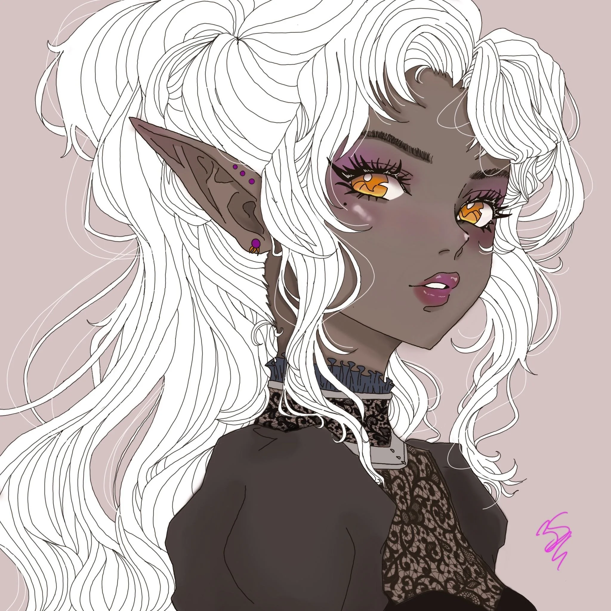 Anime-style portrait of a female elf with dark skin, white curly hair, and golden eyes, wearing earrings and a lace top.