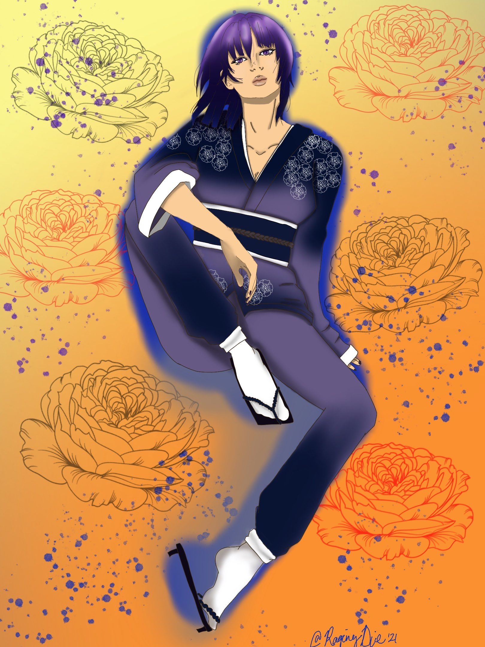 Digital illustration of a woman with purple hair wearing a traditional Japanese kimono, sitting against an orange background with large floral patterns and purple paint splatters.