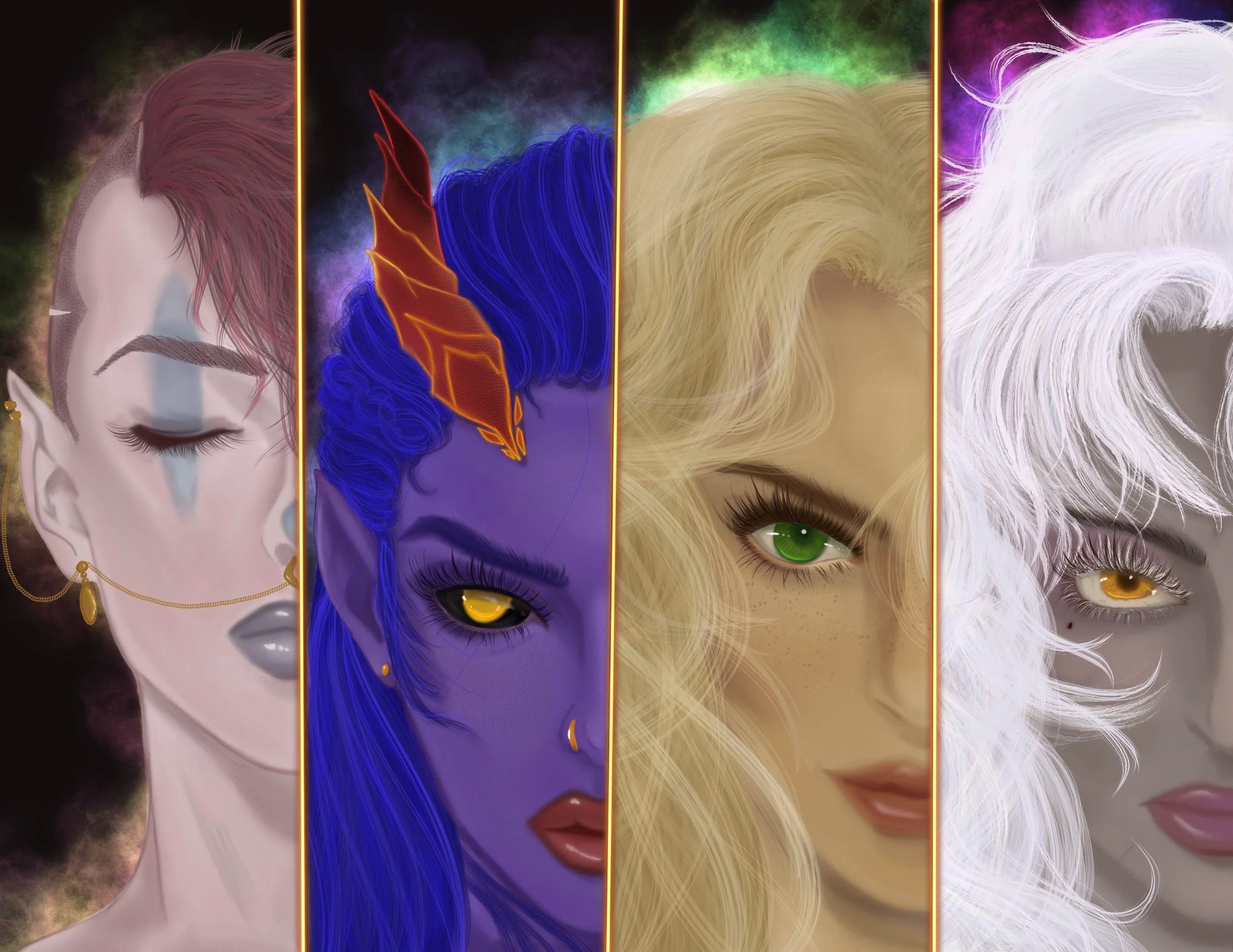 Four fantasy-style female characters with distinct features and hairstyles, each with different eye colors and makeup, separated by glowing gold lines.