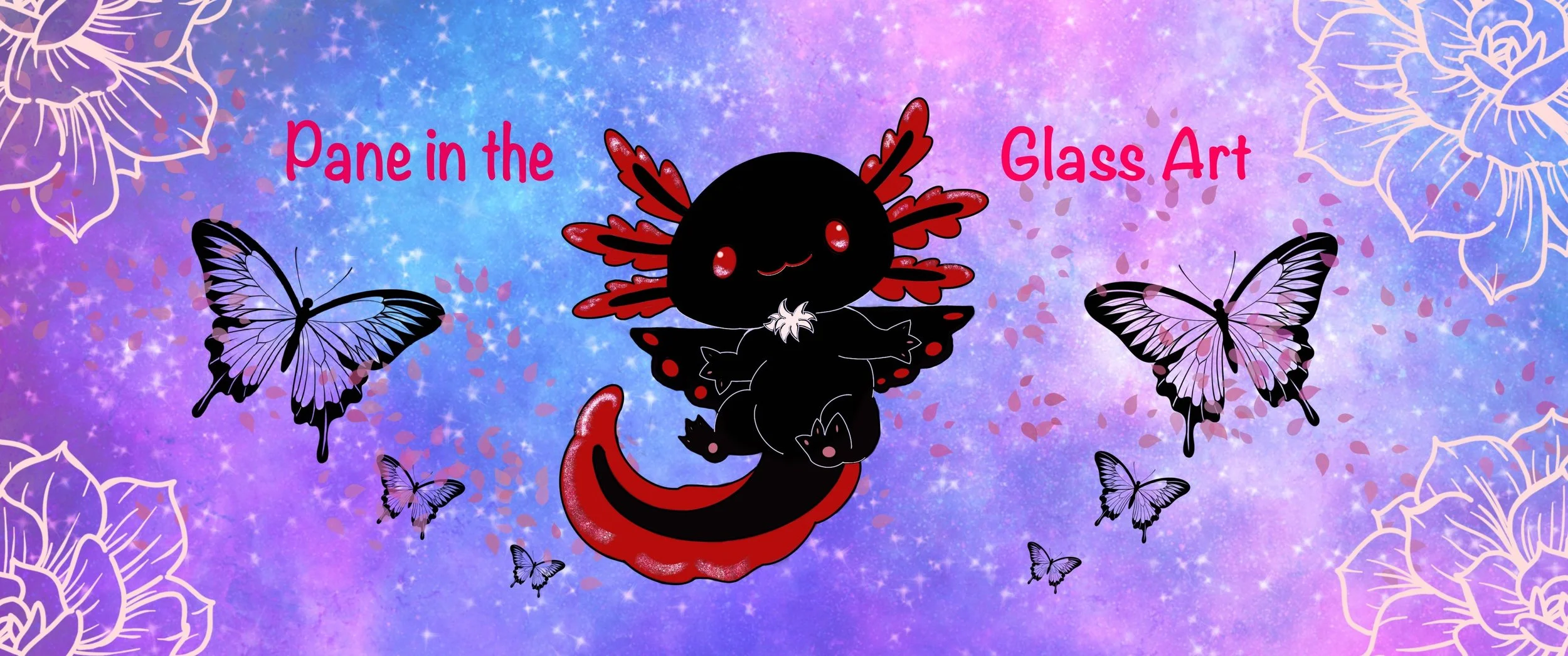 Colorful digital art background with purple, pink, and blue hues, featuring white floral outlines and sparkles, and text that reads 'Pane in the Glass Art.' Central cartoon character is a cute black creature with red wings, red antennae, and a smiling face, surrounded by purple and black butterflies.