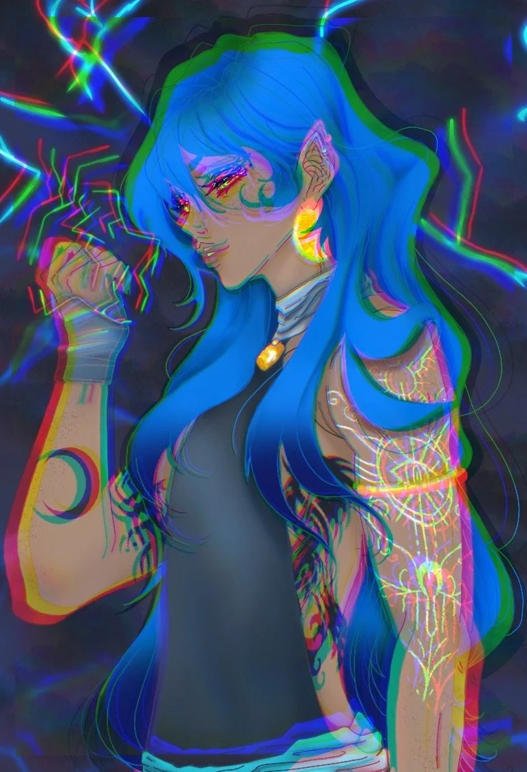 Digital illustration of a blue-haired woman with tattoos, glowing geometric designs on her arm and vibrant neon colors, holding a neon lightning bolt in her hand.