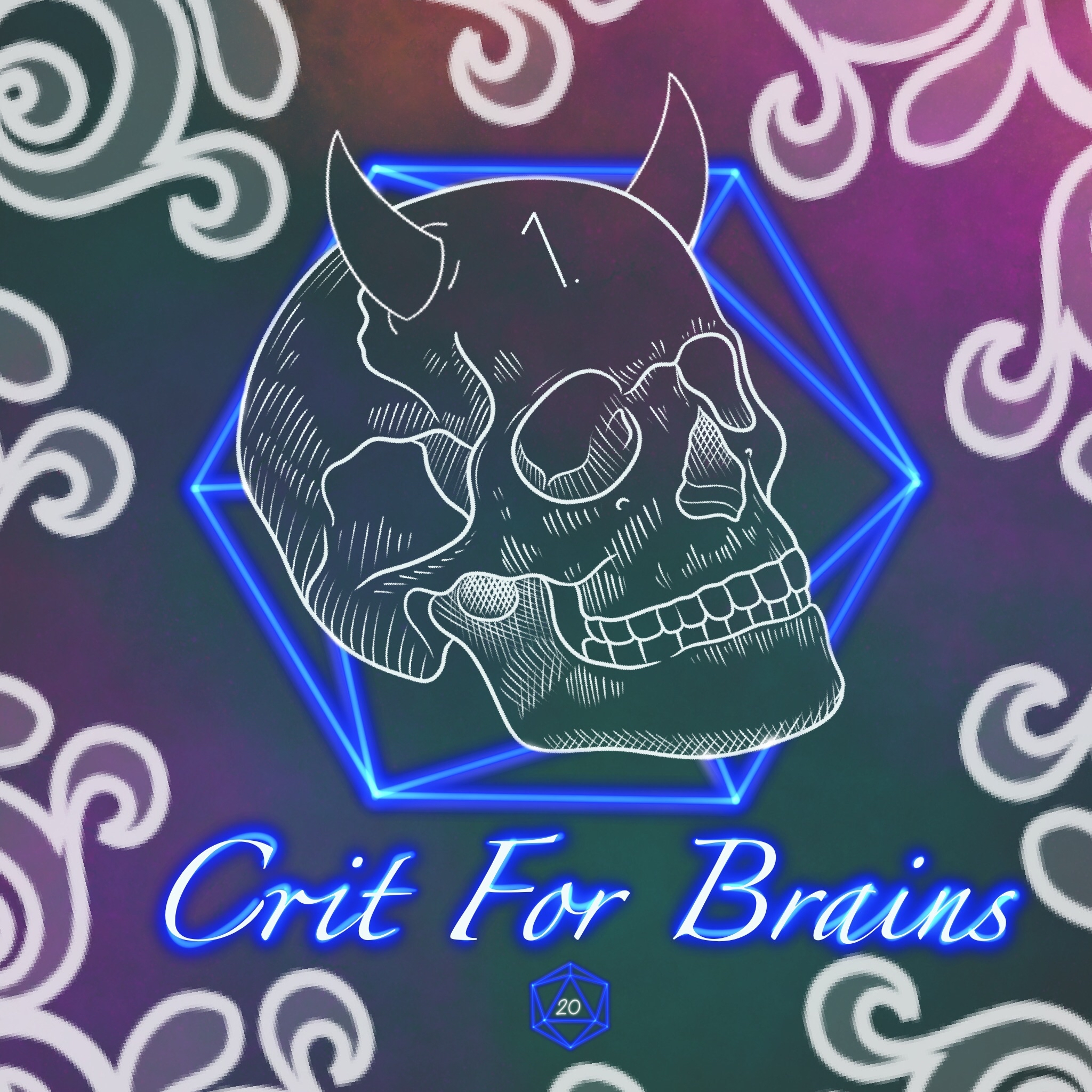 A neon sign featuring a skull with horns, overlaid with a geometric shape, with the phrase 'Crit For Brains' in glowing blue cursive text, and surrounded by white swirling patterns on a dark background.