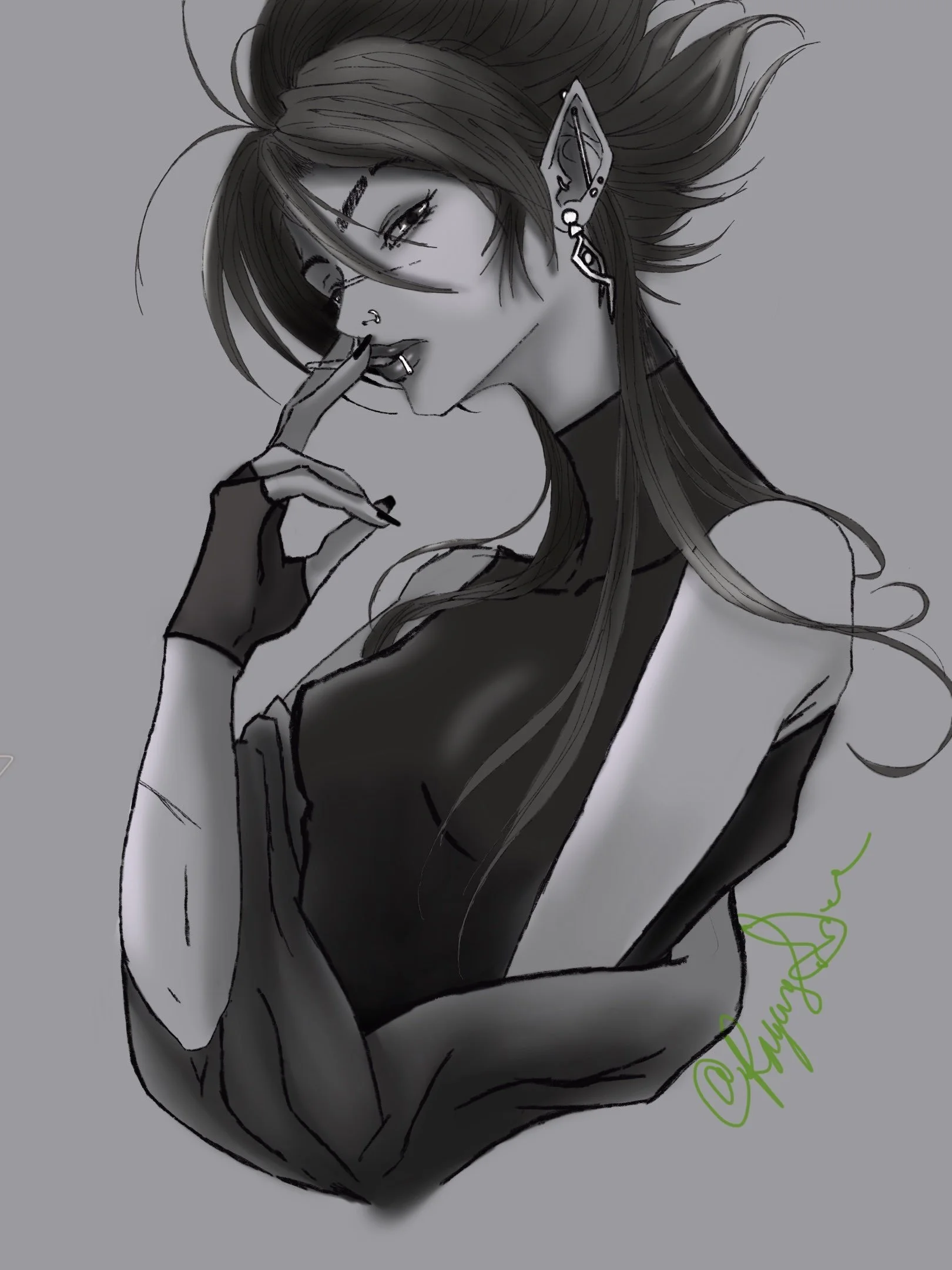 Black and white digital illustration of an androgynous character with elf-like ears, long hair, and glasses, showing a seductive pose with a hand near their lips.