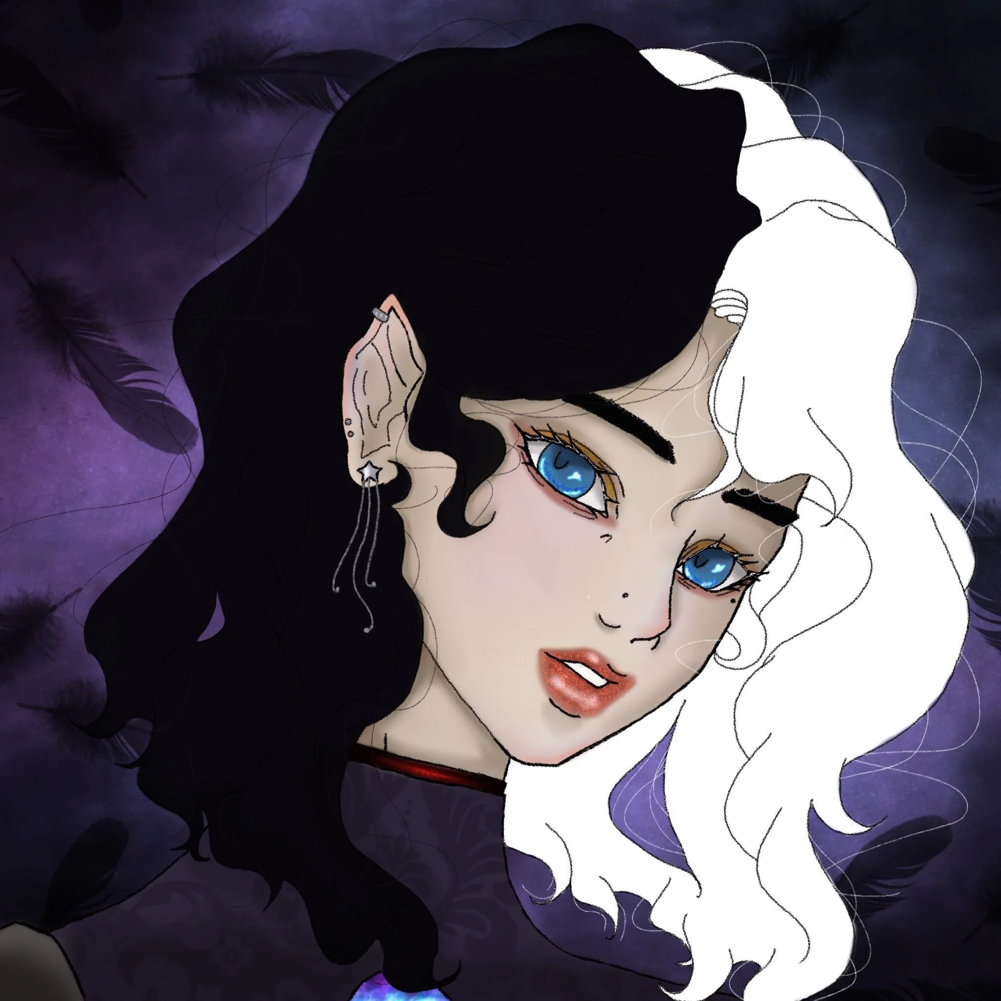 Digital illustration of a woman with split-colored hair, black on one side and white on the other, against a dark, purple-toned background with feather and flower motifs. She has blue eyes, several piercings, and wears makeup.