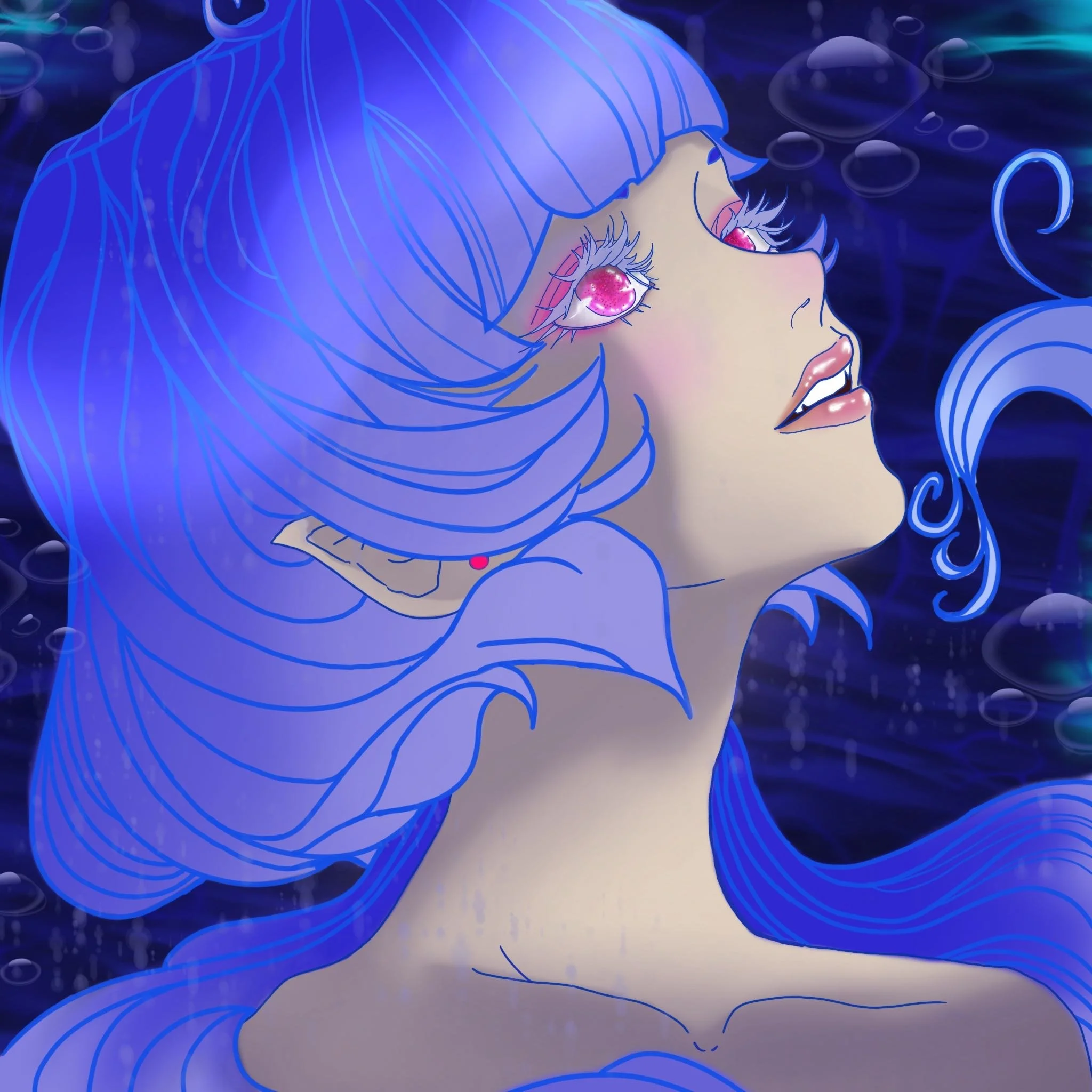 Anime style illustration of a girl with long, flowing blue hair underwater, with bubbles and light reflections around her.