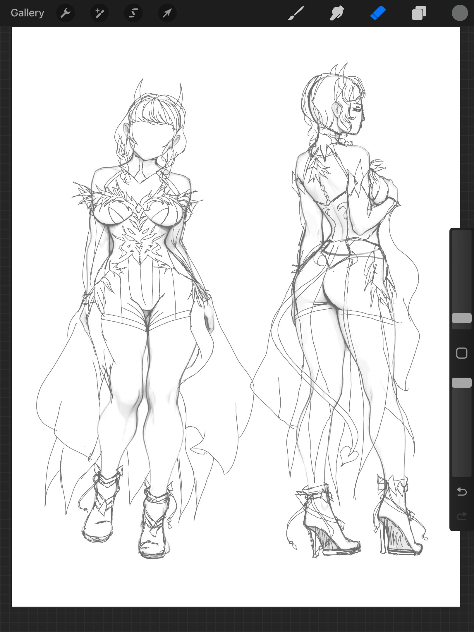 Sketch of two fantasy female characters with pointed elf-like ears and horns, wearing detailed outfit with leaves and feathers, high heels, and flowing capes.