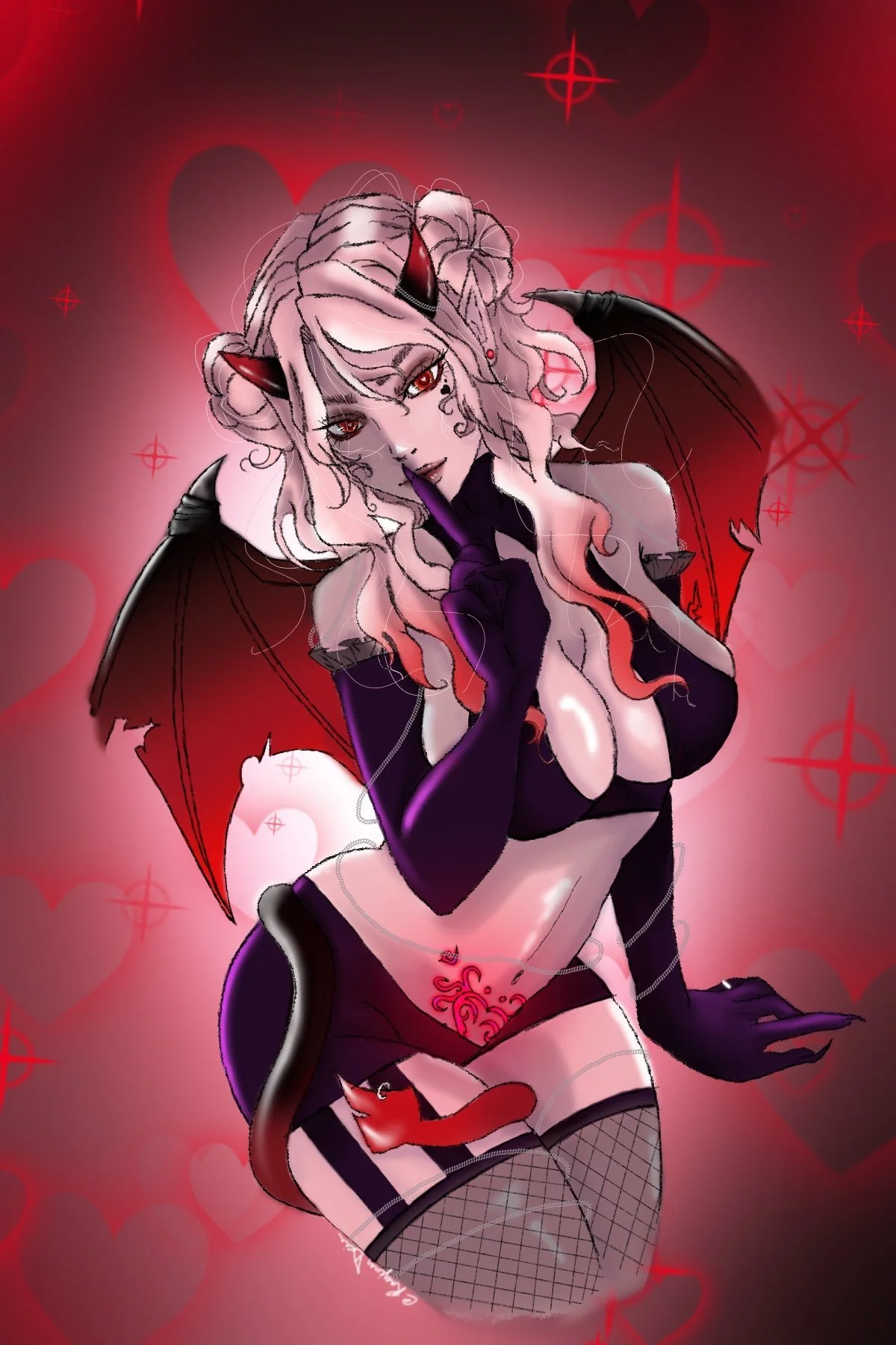 Anime-style depiction of a female demon with pink hair, red eyes, horns, and bat-like wings, wearing revealing black and red clothing, surrounded by red hearts and crosshair symbols.