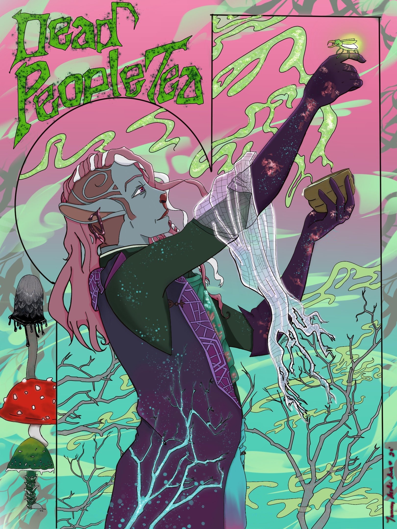 A fantasy illustration of an elf with pink hair, blue skin, and pointed ears, holding a glowing book in a mystical landscape with vibrant mushrooms and swirling green mist. critical role. caduceus clay