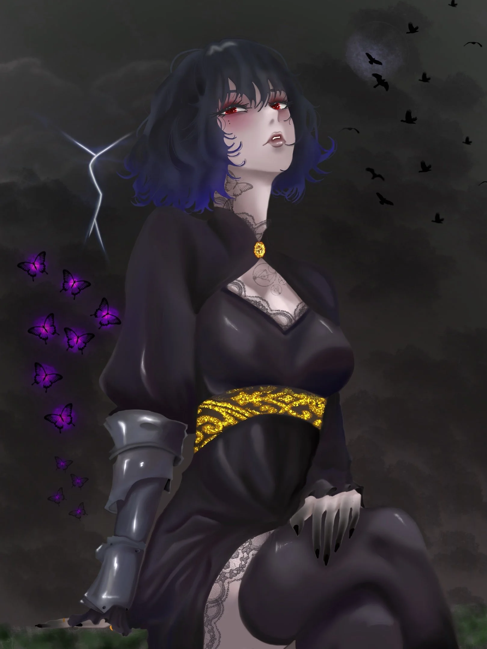 Digital illustration of a woman with dark blue and black hair, red eyes, and gothic makeup, standing in front of a dark, stormy sky with a lightning bolt and flying black birds, surrounded by purple butterflies and wearing a black dress with lace and a gold belt.