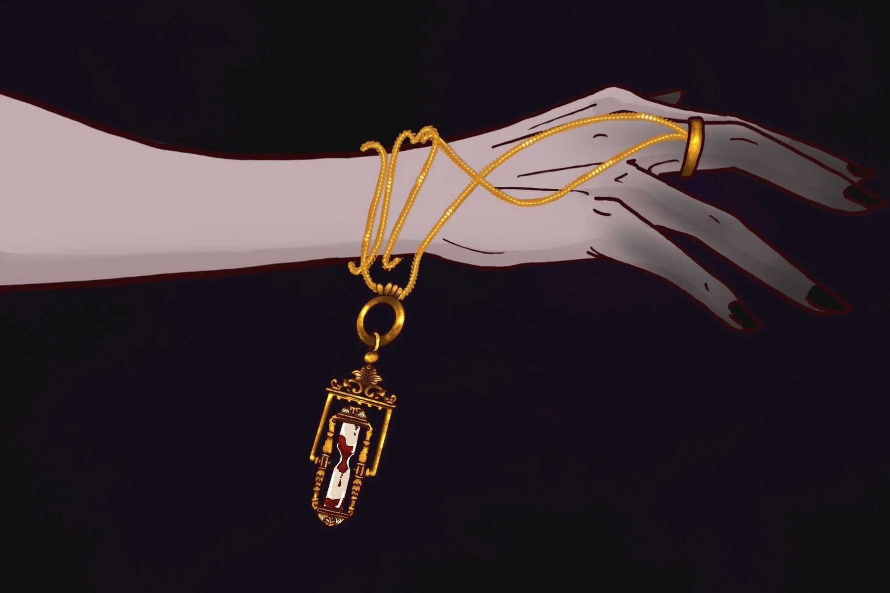 A hand with long black painted nails wearing a gold necklace with an hourglass pendant and a gold ring on the middle finger, against a dark background.