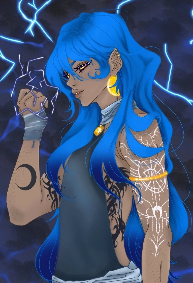 A fantasy-style digital illustration of a dark-skinned woman with long, wavy blue hair, wearing a black sleeveless top and various jewelry, including a crescent moon earring, gold necklace, and tattoos. She is surrounded by blue lightning in a dark, stormy background, with her hand raised as if controlling or summoning lightning.