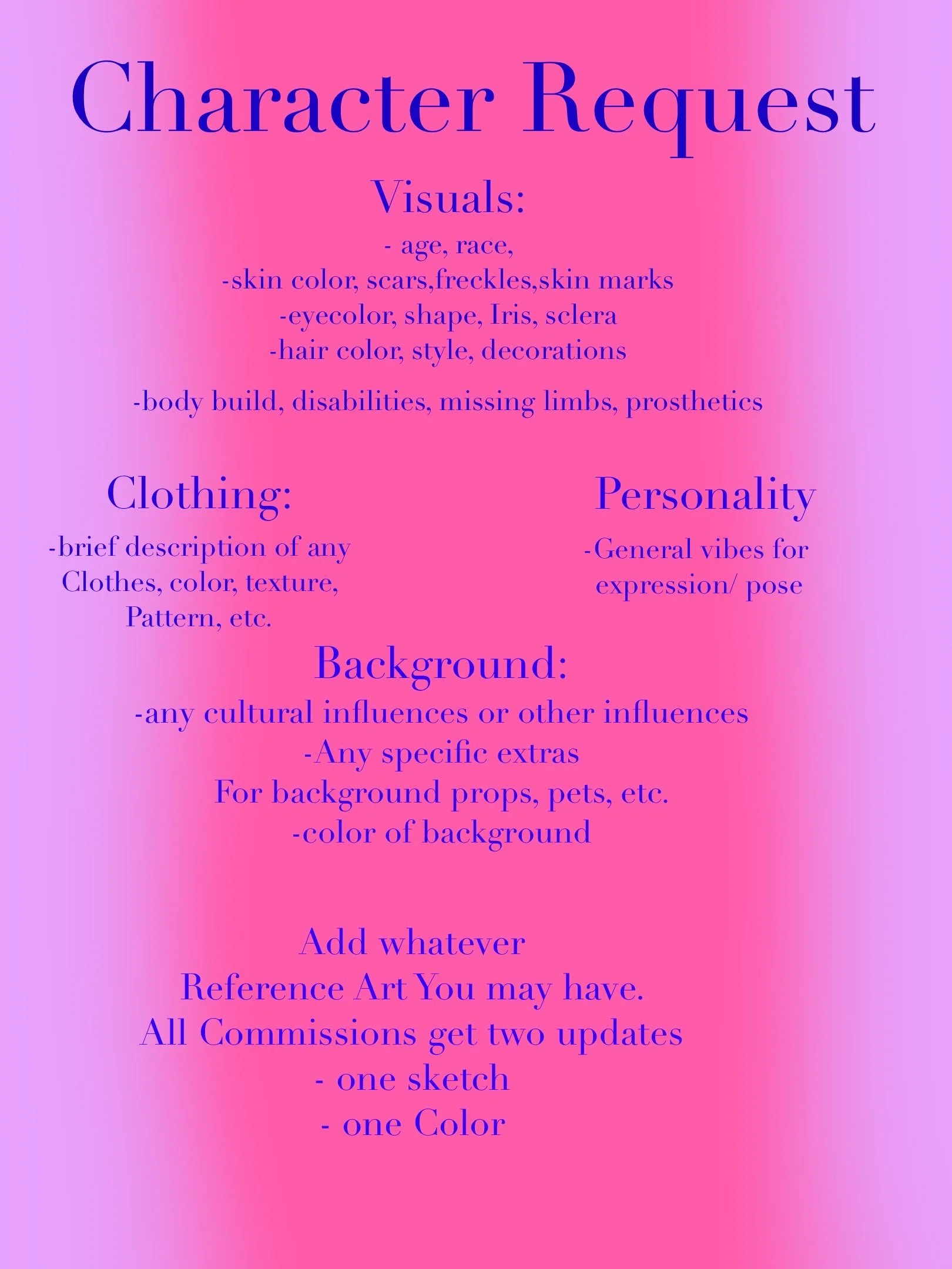 Pink background with blue text outlining instructions for character request, including details on visuals, clothing, personality, background, and submission guidelines.