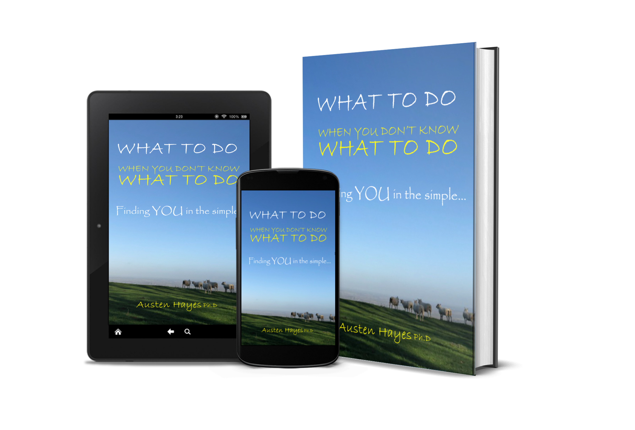 A book cover displayed on multiple digital devices including a tablet, smartphone, and a hardcover book. The cover features a landscape with a blue sky, green grass, and grazing animals. The title reads 'WHAT TO DO WHEN YOU DON'T KNOW WHAT TO DO' and the author is Austen Hayes Ph.D.