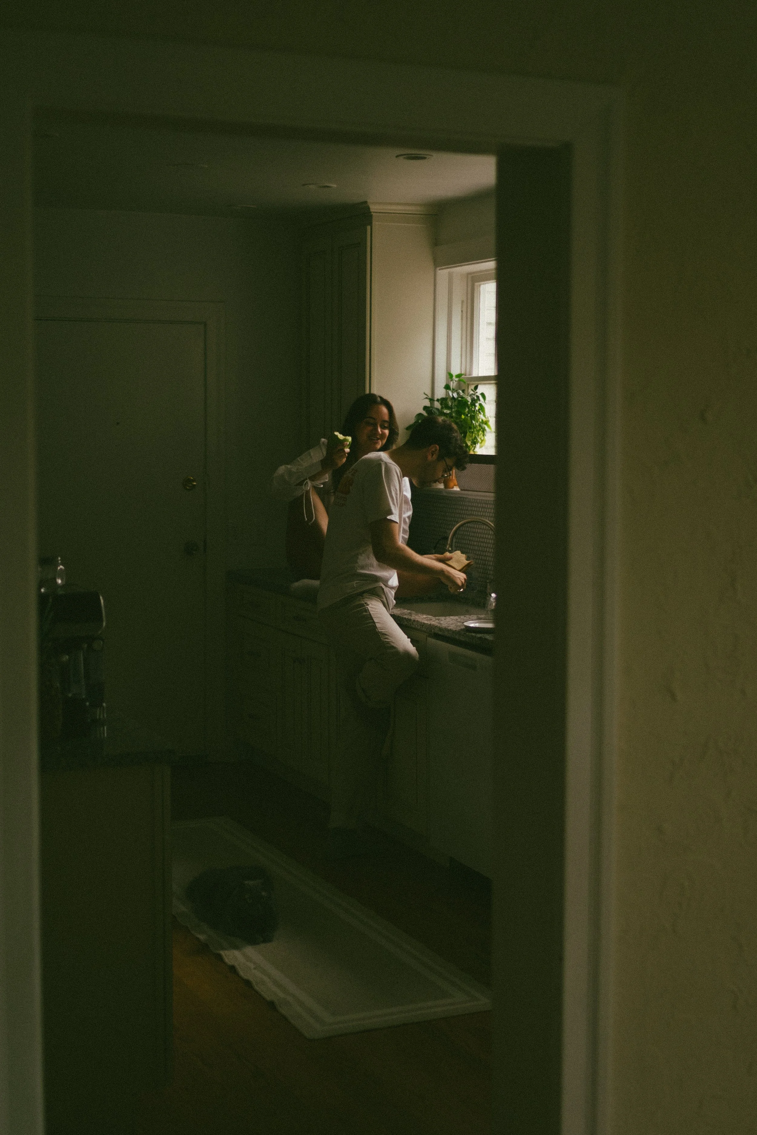 Two people, a man and a woman, are in a kitchen by the window, with one sitting on the counter and the other standing nearby, holding a phone. The woman is smiling and appears to be enjoying herself.
