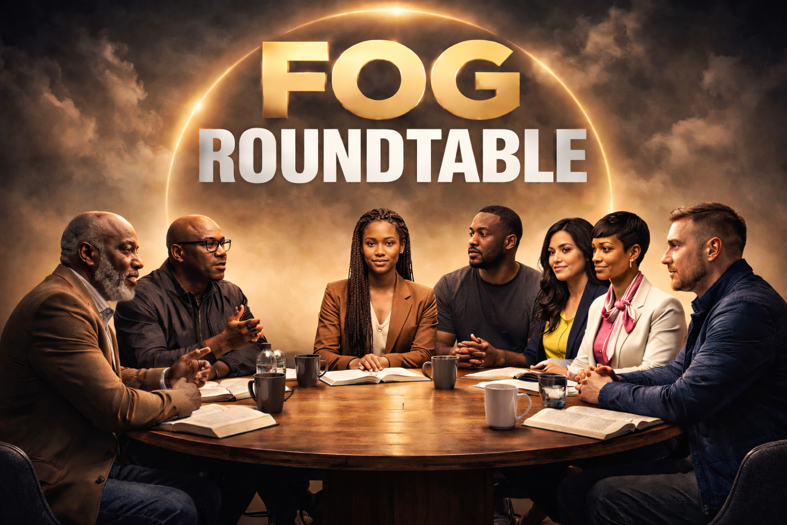 A group of seven diverse people sitting around a table in discussion with books and coffee mugs, behind a graphic that says 'FOG ROUNDTABLE' with a cloudy sky background.