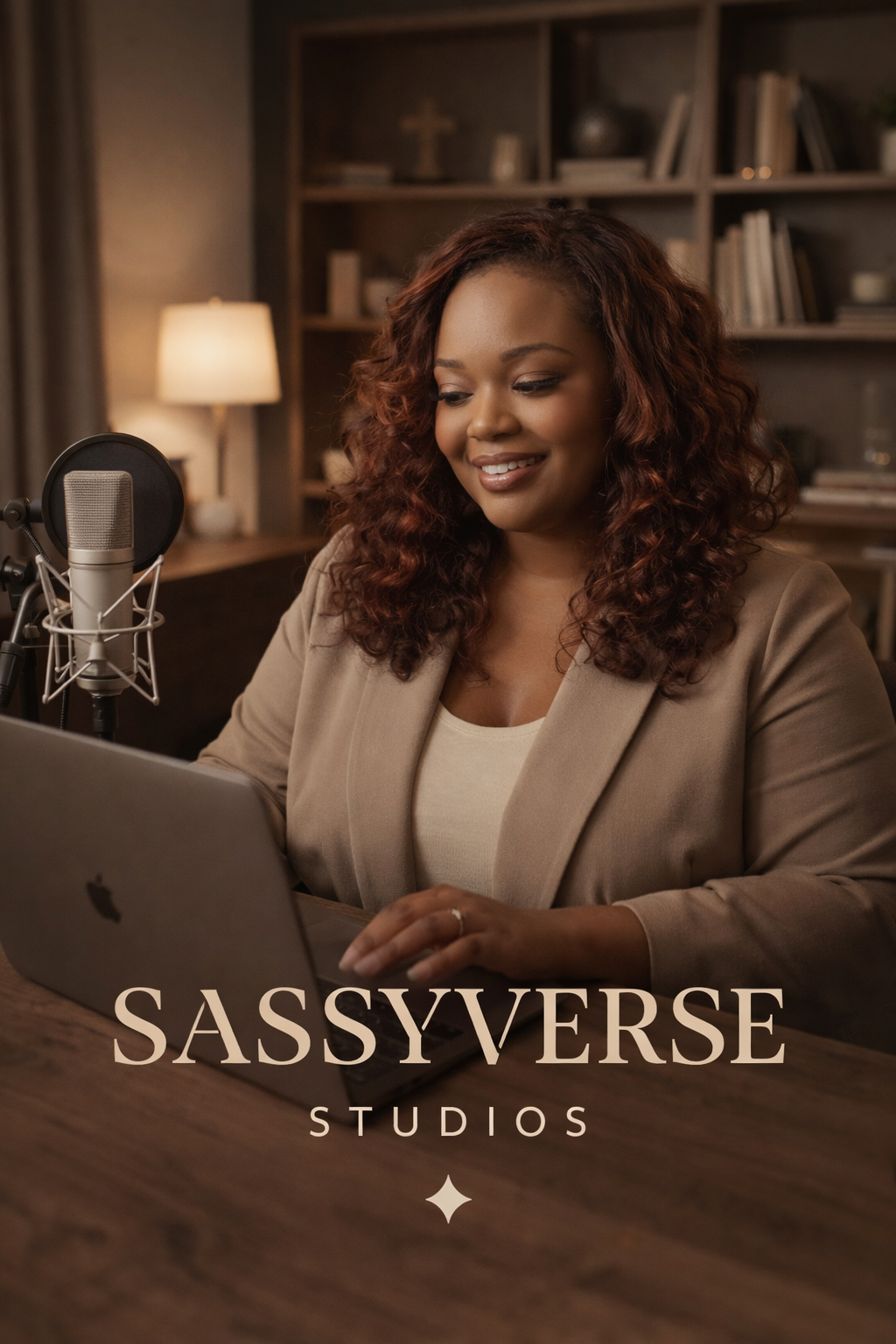 A woman with curly hair sits at a desk with a laptop and a microphone, smiling softly, in a cozy home studio with bookshelves in the background, branding it as Sassyverse Studios.