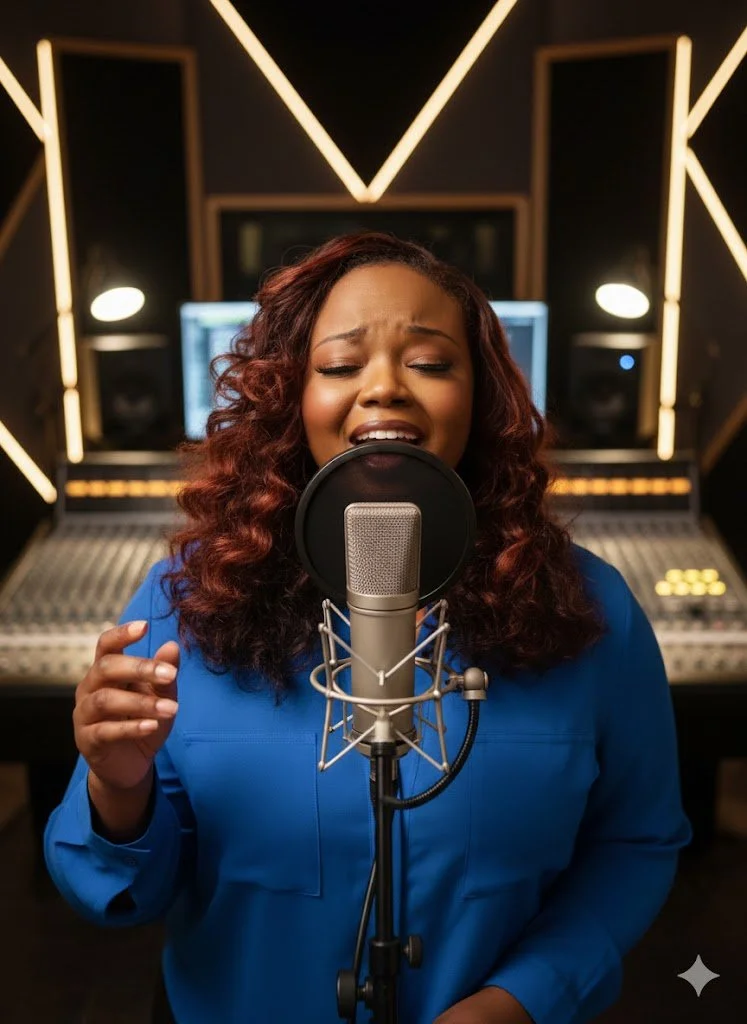 A woman singing into a microphone in a recording studio with sound equipment and acoustic panels.