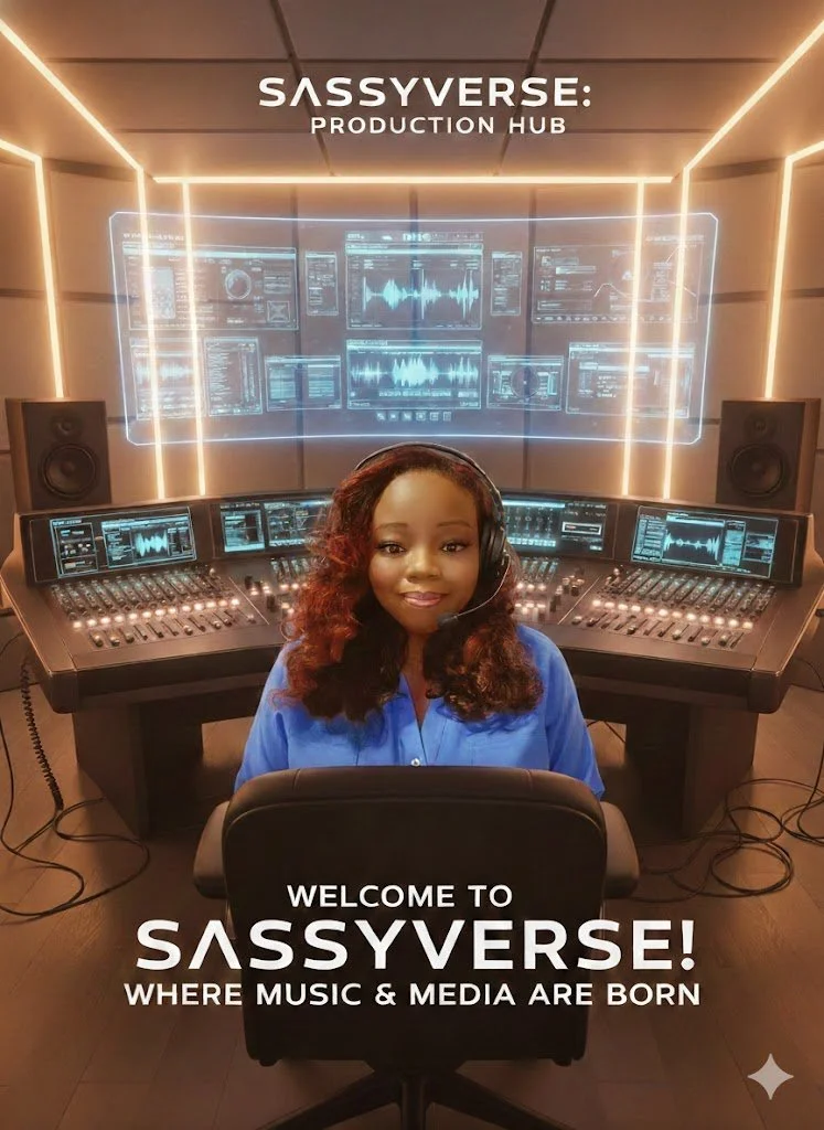 A woman sitting in a recording studio, surrounded by audio equipment and sound mixing consoles, with digital screens behind her displaying music waveforms and sound editing interfaces. The studio has modern lighting, and the text overlay reads 'Sassyverse: Production Hub' and 'Welcome to Sassyverse! Where music & media are born.'