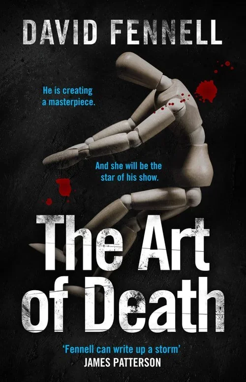 Book cover titled "The Art of Death" by David Fennell, featuring a wooden mannequin figure in a dramatic pose, with blood splatters on a dark background.