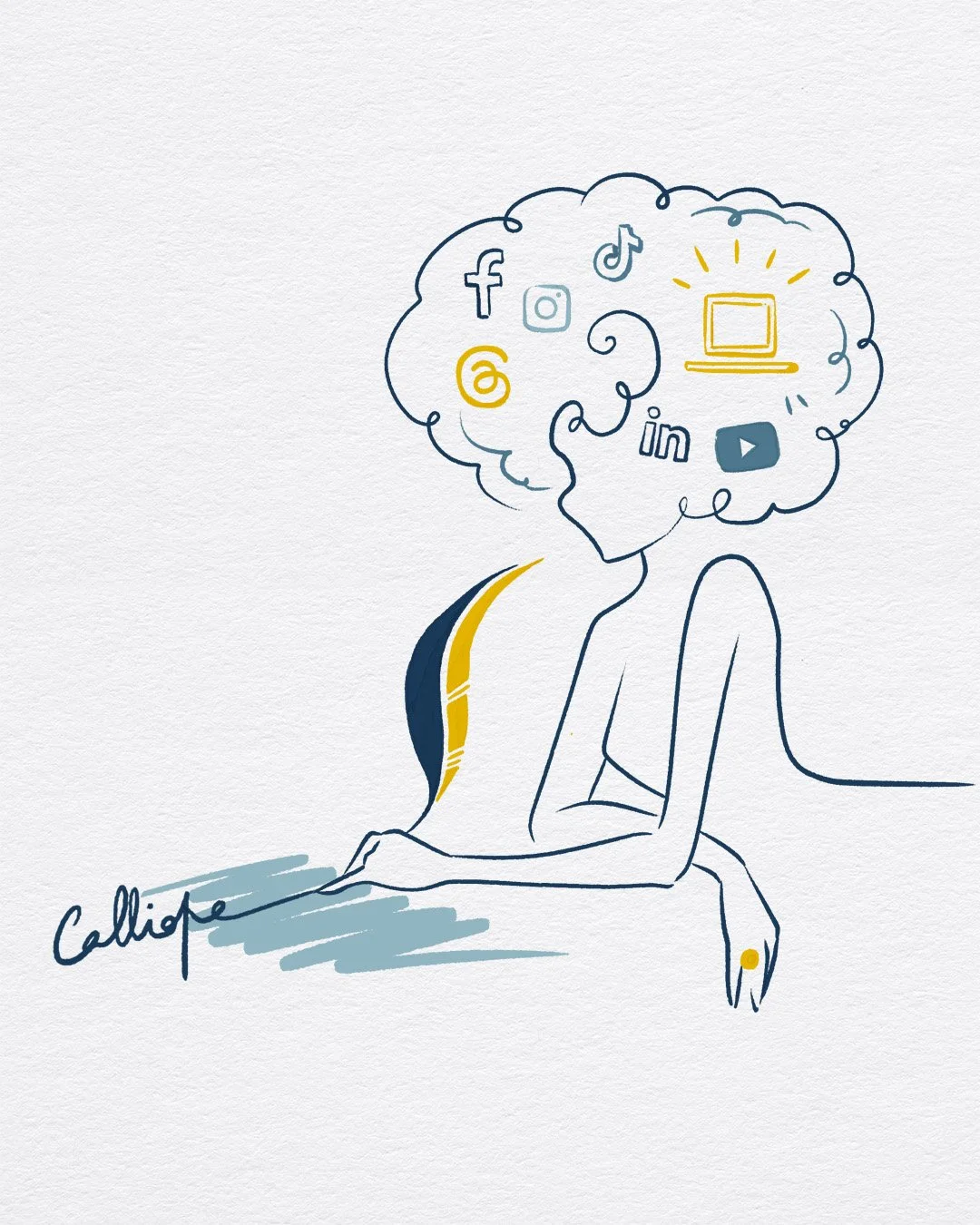 Dessin d'une femme assise regardant un ordinateur, avec une bulle de pensées contenant des icônes de réseaux sociaux et de médias numériques.