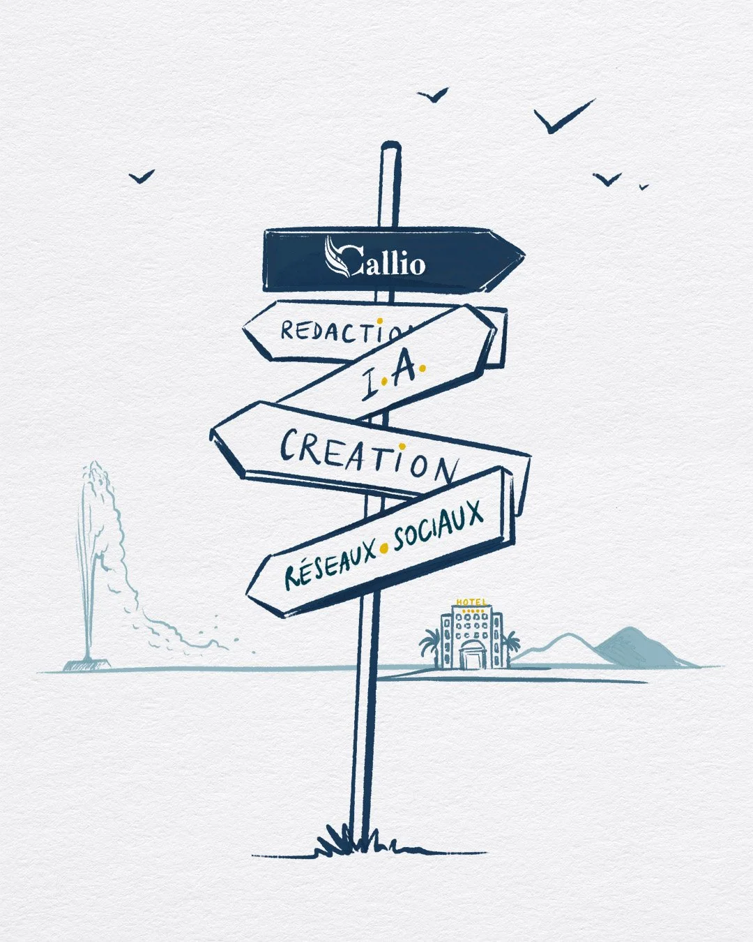 Un panneau de signalisation avec plusieurs flèches indiquant différents chemins, y compris 'Callio', 'Réaction', 'I.A', 'Création', et 'Réseaux sociaux'. En arrière-plan, une fontaine, un hôtel, des montagnes et un ciel avec des oiseaux.
