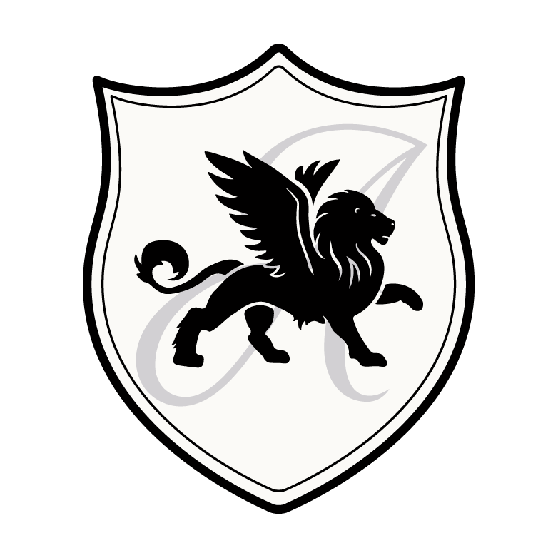 Un emblème avec un lion ailé noir sur fond blanc, entouré d'une bordure noire, sur un fond noir.