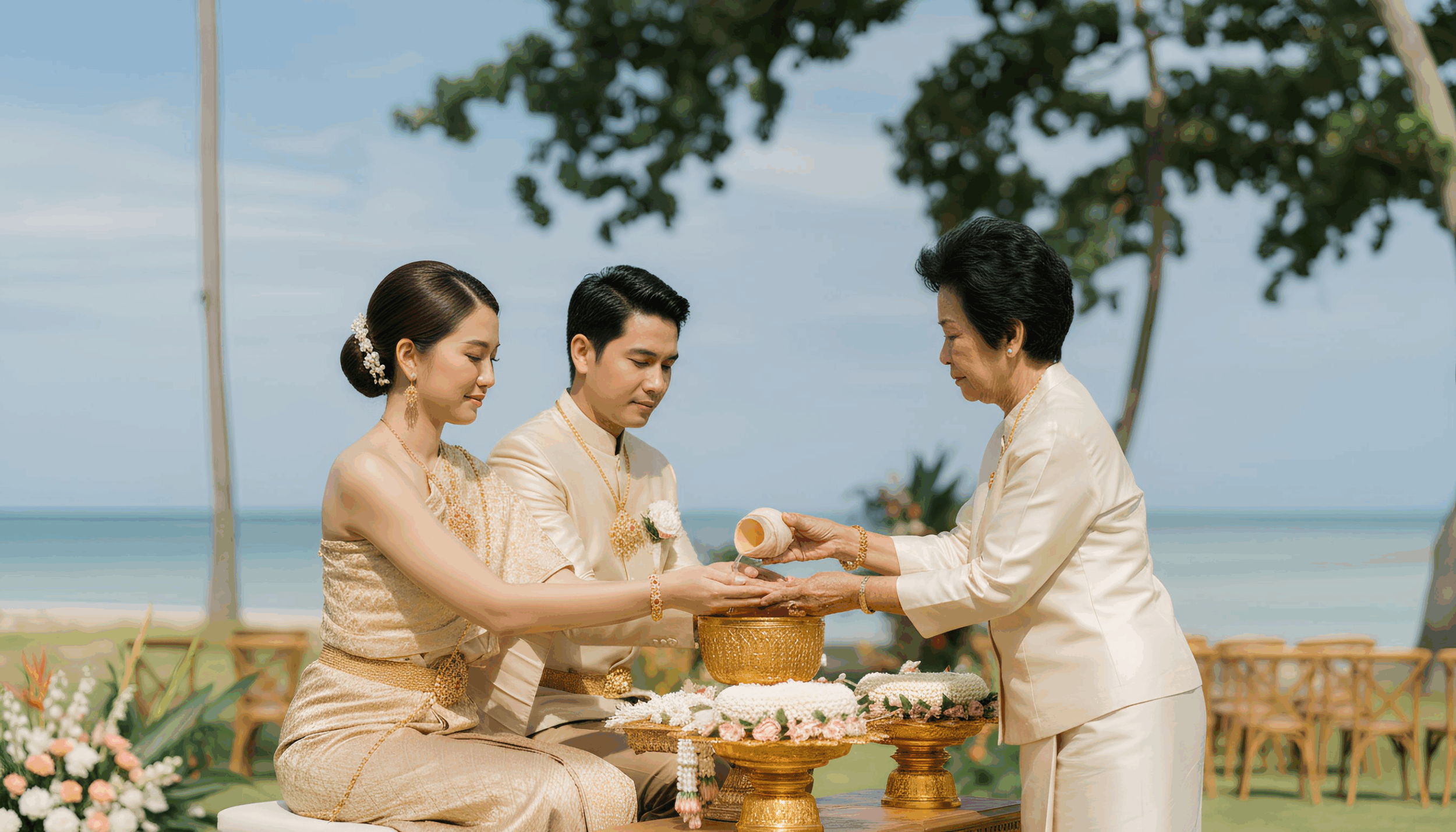A traditional Thai wedding ceremony on the beach with a woman pouring water over the bride and groom's hands.