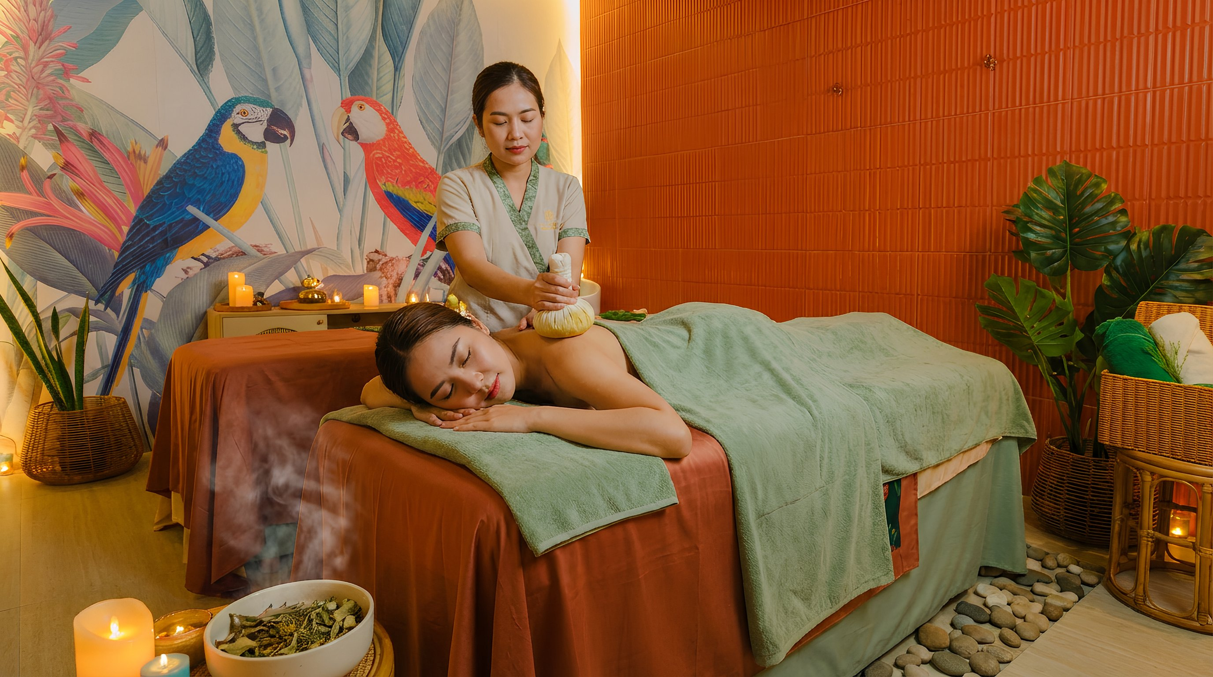 A woman receives a massage in a relaxation room decorated with tropical plants, candles, and colorful parrots on the wall.