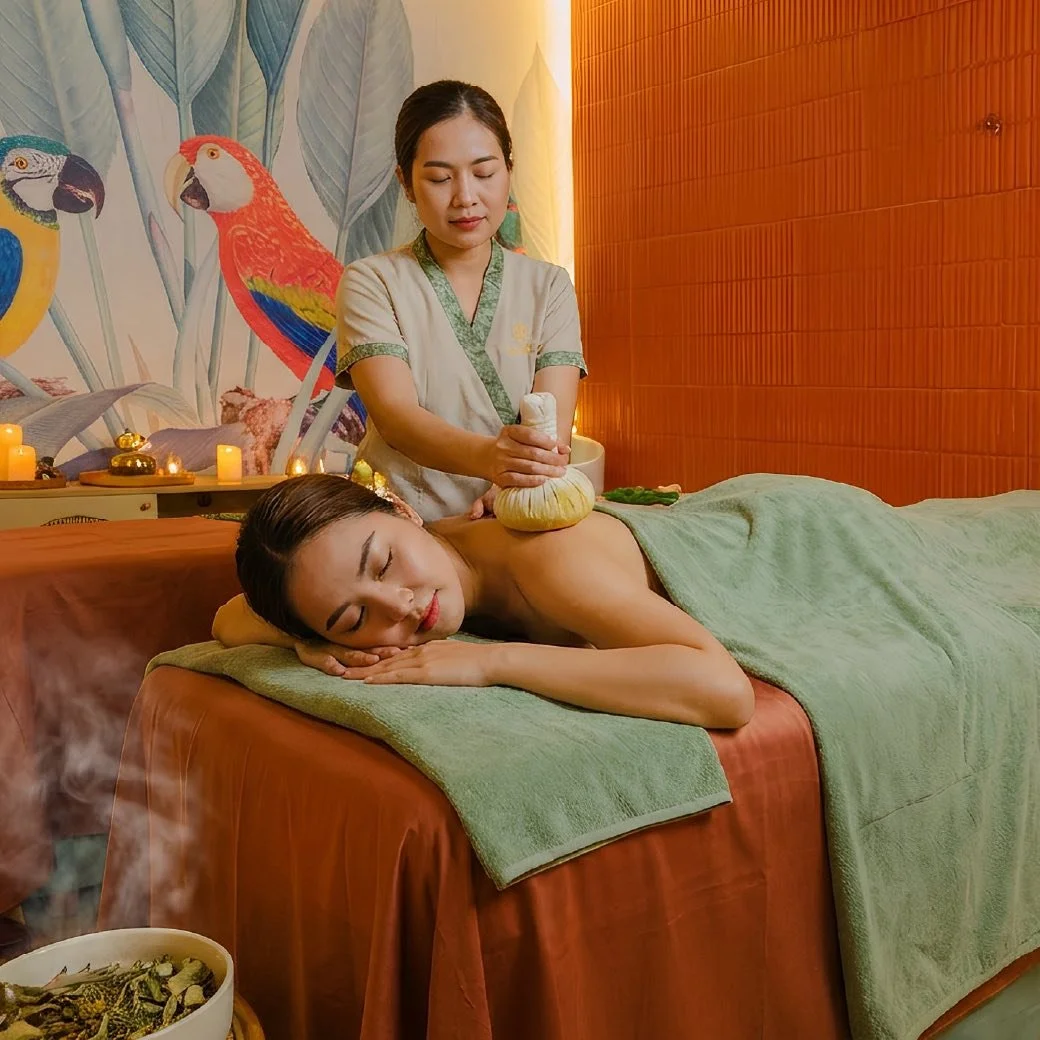 A woman receives a massage in a spa room, lying face down on a massage table with a green towel. A massage therapist is using a herbal compress on her shoulder. The room has warm lighting, a scenic wall with parrots and leaves, and candles on a nearb